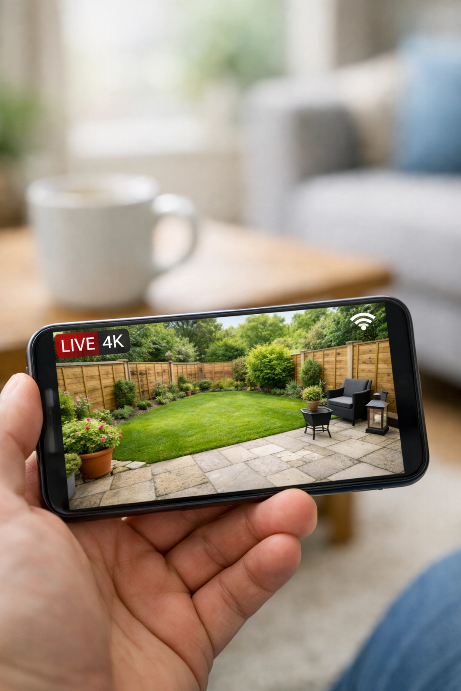 A homeowner using a smartphone to remotely monitor their Trowbridge property with a high-definition CCTV system.