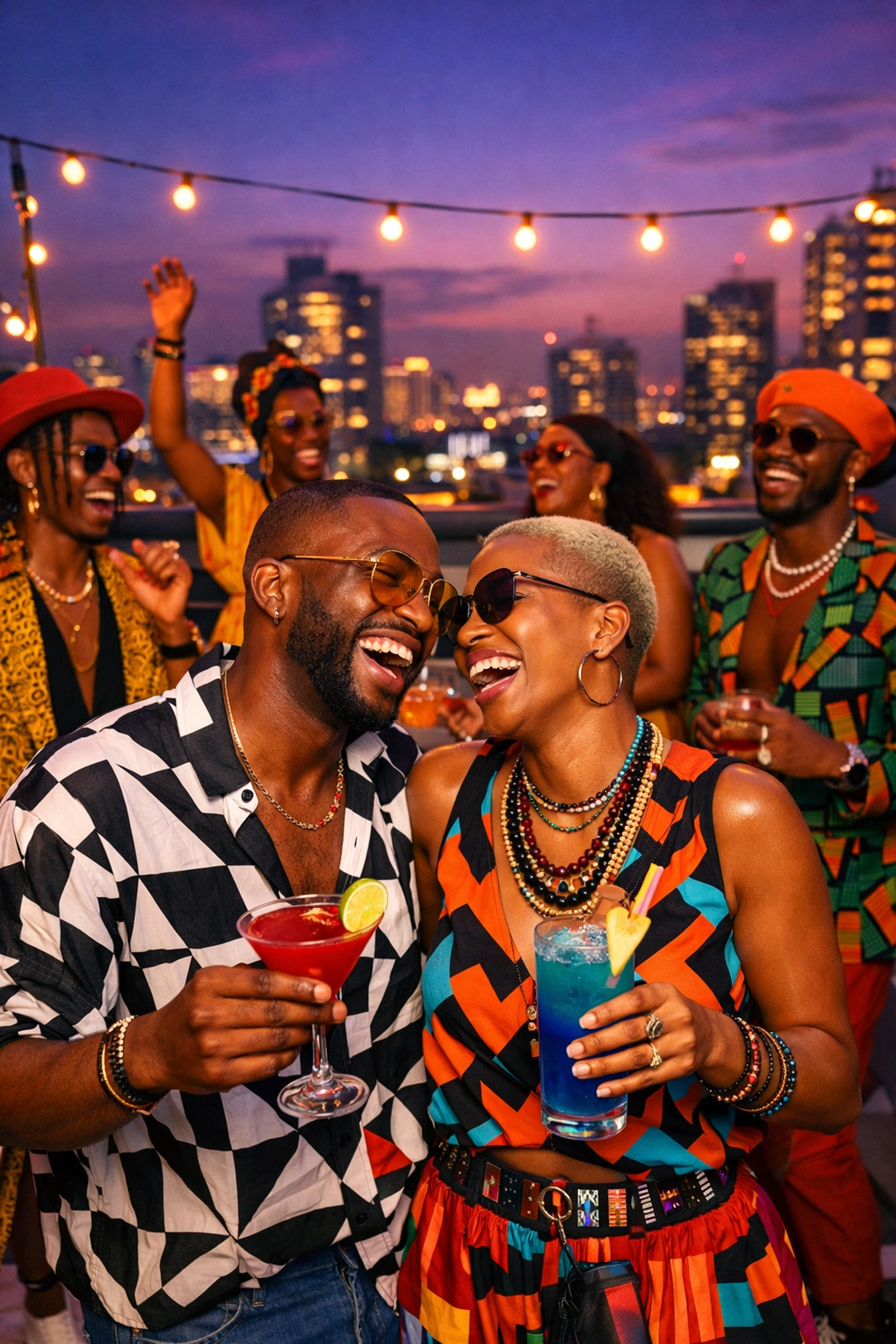 A joyful group of queer African people celebrating on a city rooftop, showcasing modern queer joy and MM romance books.