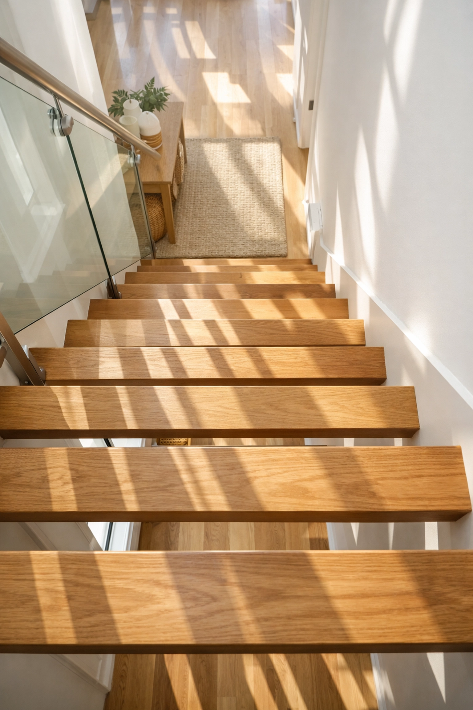 A modern staircase with open risers showing the gaps that can cause visual vertigo and tripping.