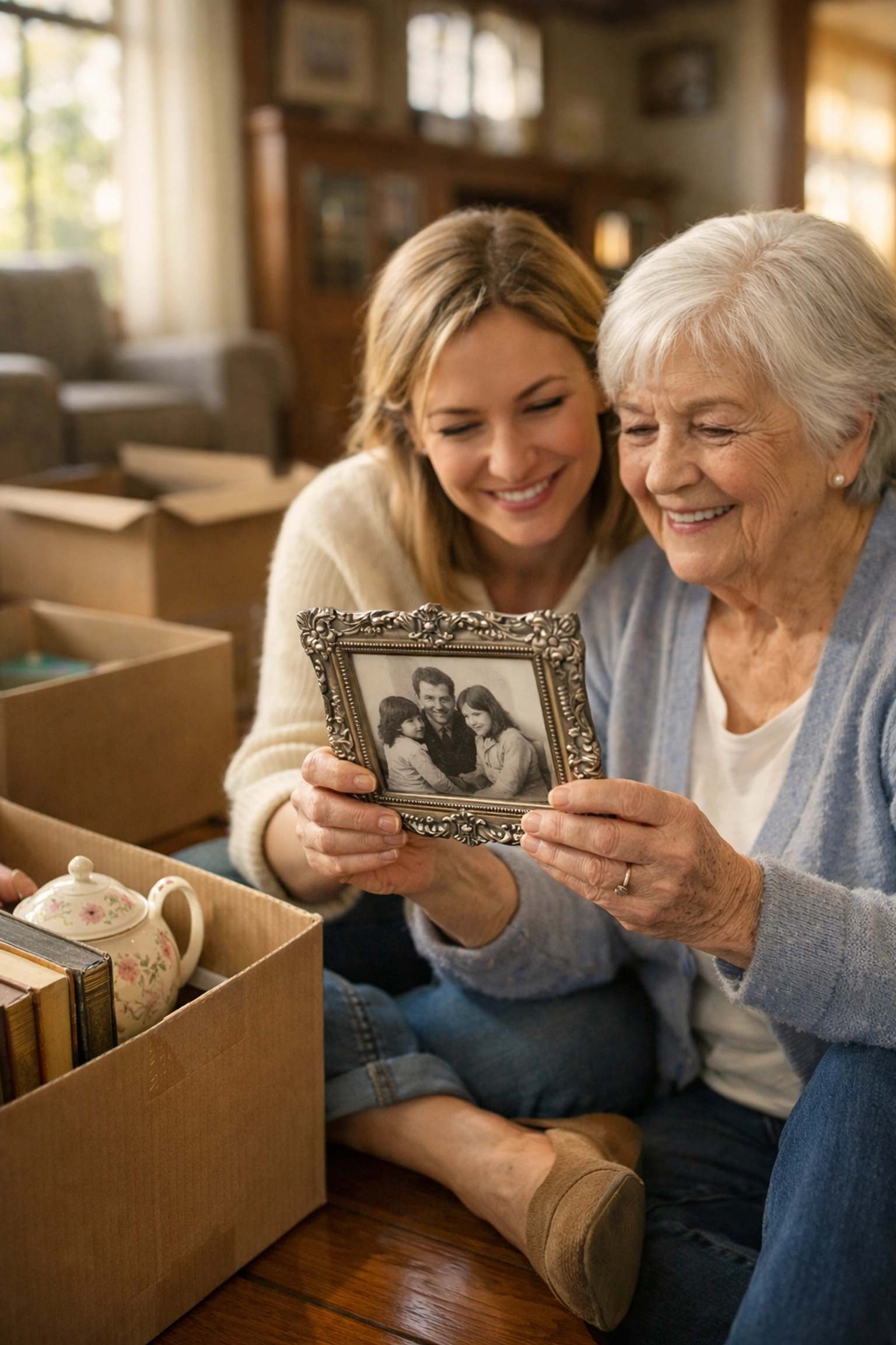 Daughter and elderly mother sorting through heirlooms and moving boxes in a West Seattle home during a senior move.