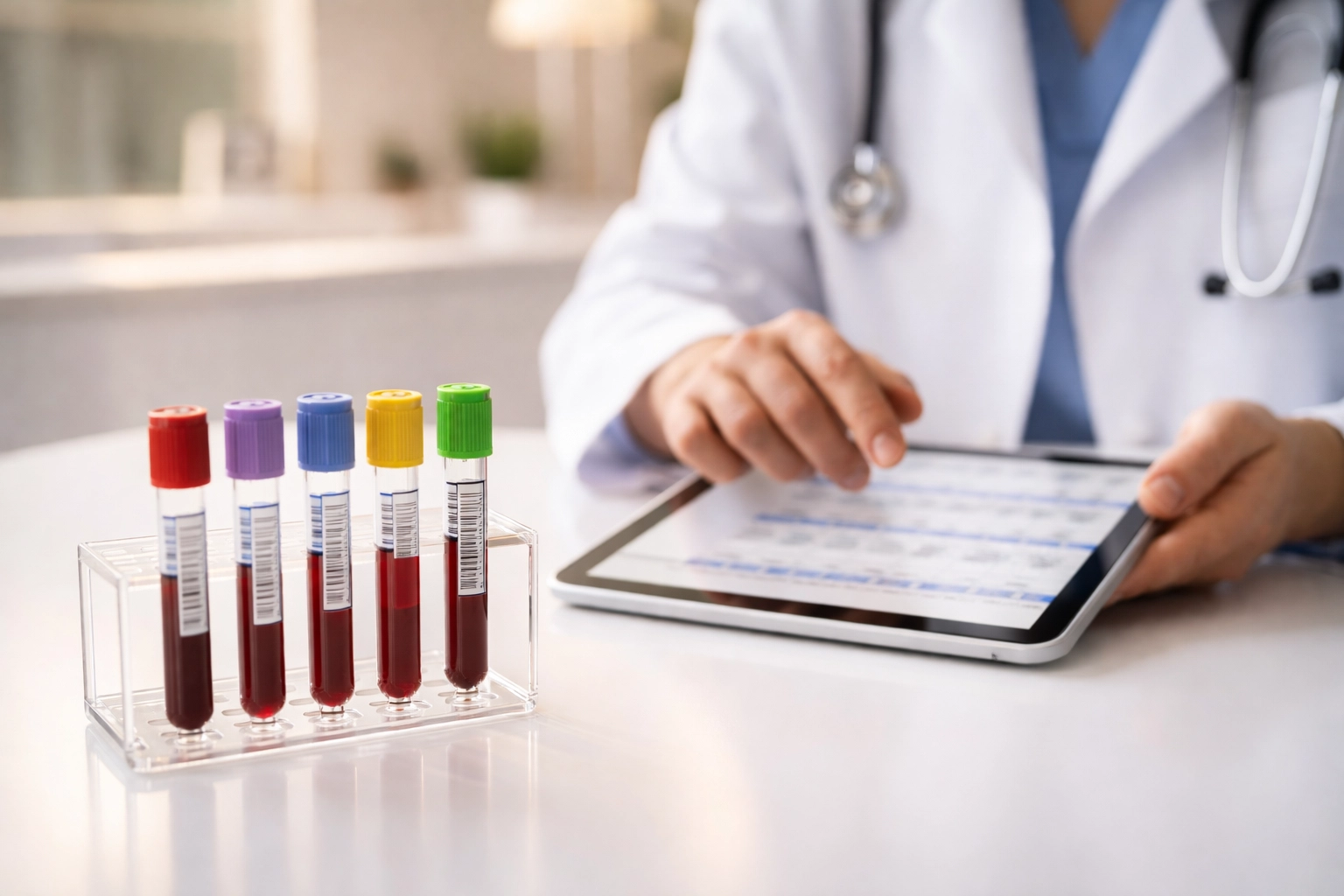 Medical provider reviews blood test results for testosterone optimization in a clinical setting.