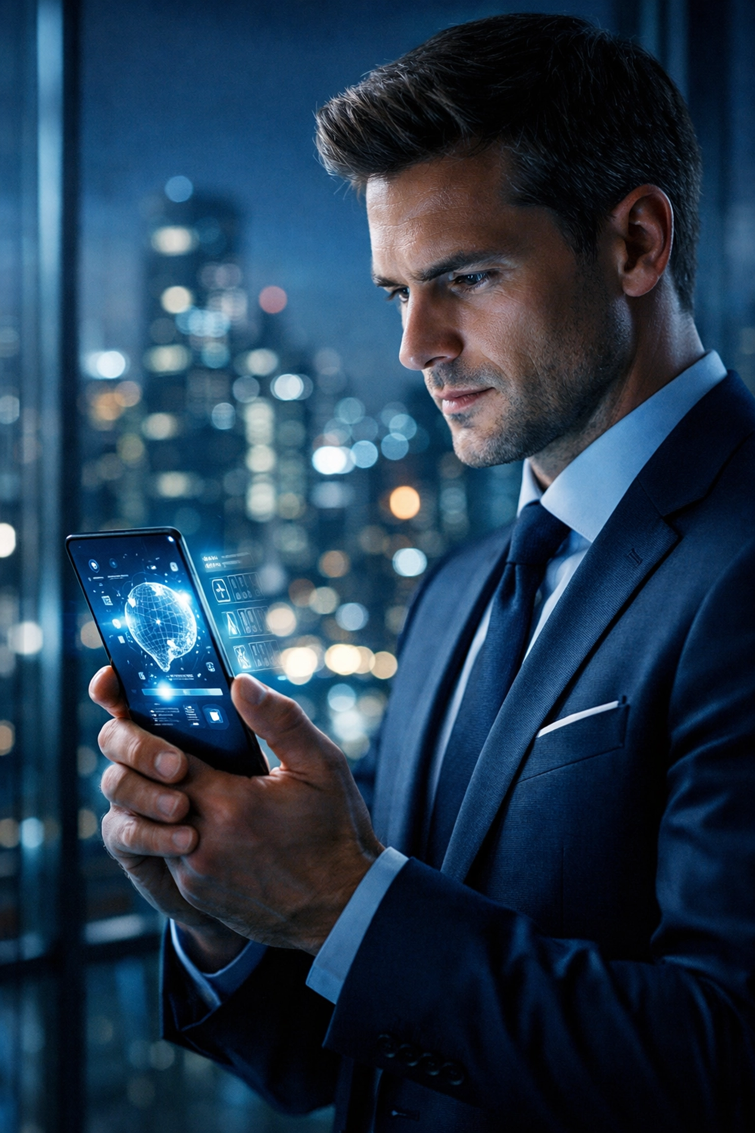 Business professional using a high-tech smartphone for local search and mobile engagement signals.
