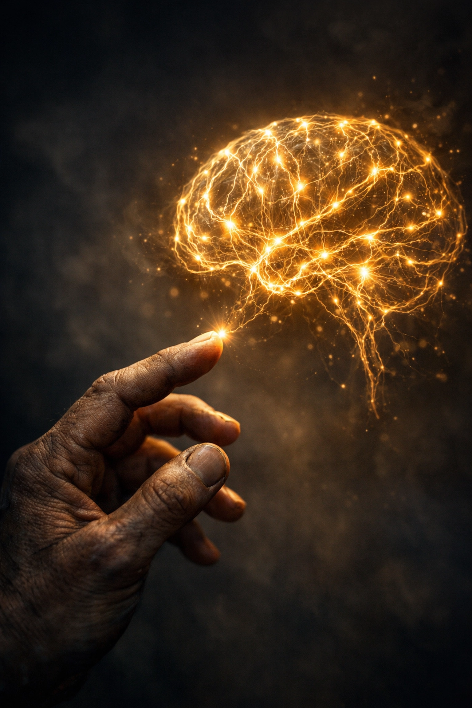 A human hand reaching toward a glowing digital neural network, symbolizing the intersection of humanity and AI.