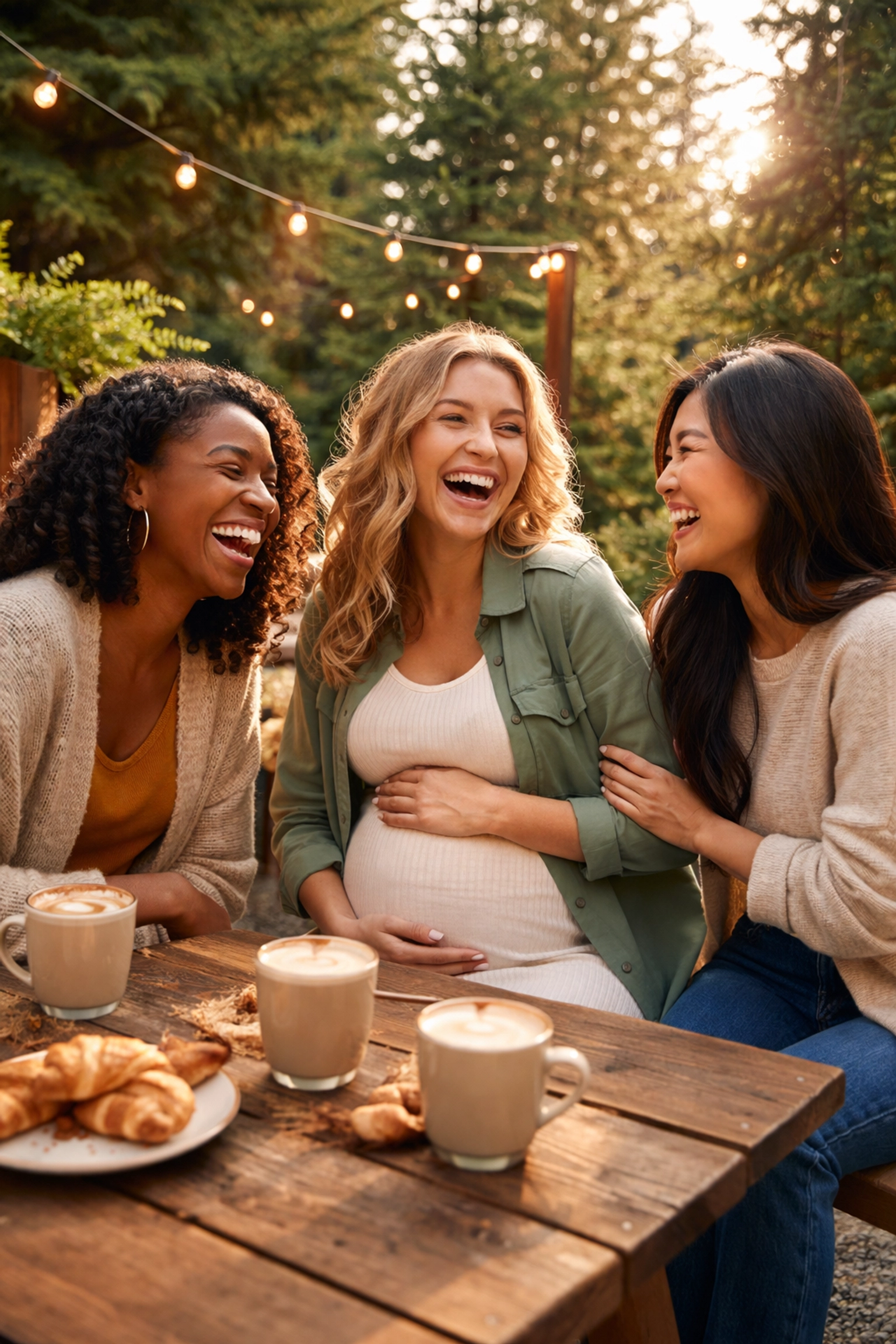 Three women, including a pregnant Surrogate, laugh together at a Pacific Northwest cafe, showcasing surrogacy community support.
