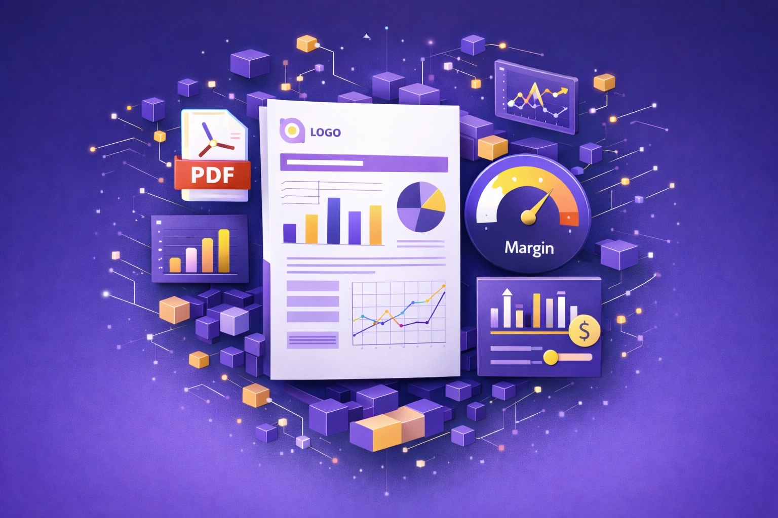 Illustration of branded reporting, PDF exports, and margin management for agencies using a white label DSP workflow.