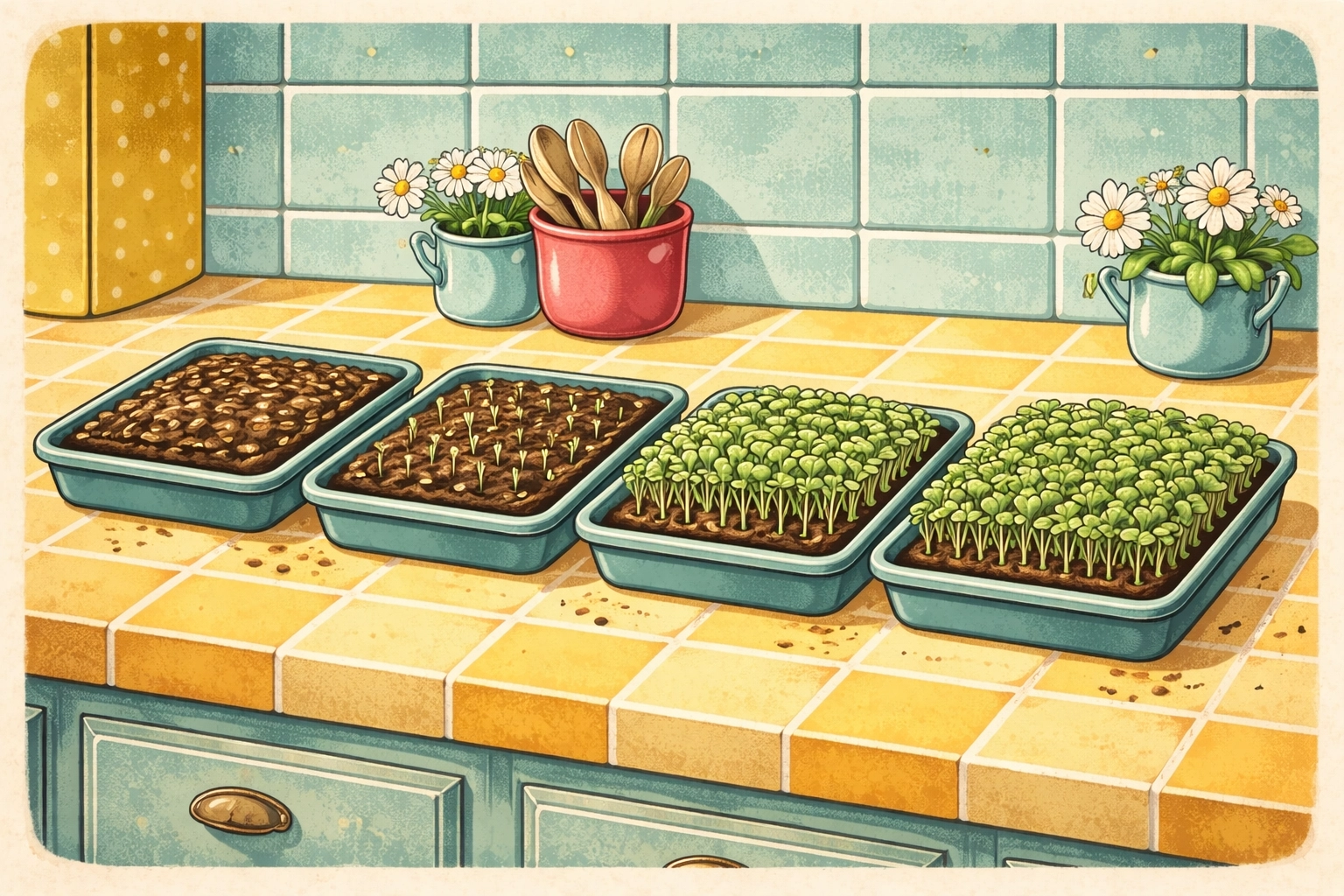A whimsical 4-stage progression of microgreens growing in trays on a kitchen counter (seeds to ready-to-harvest), 1950s hand-drawn storybook style