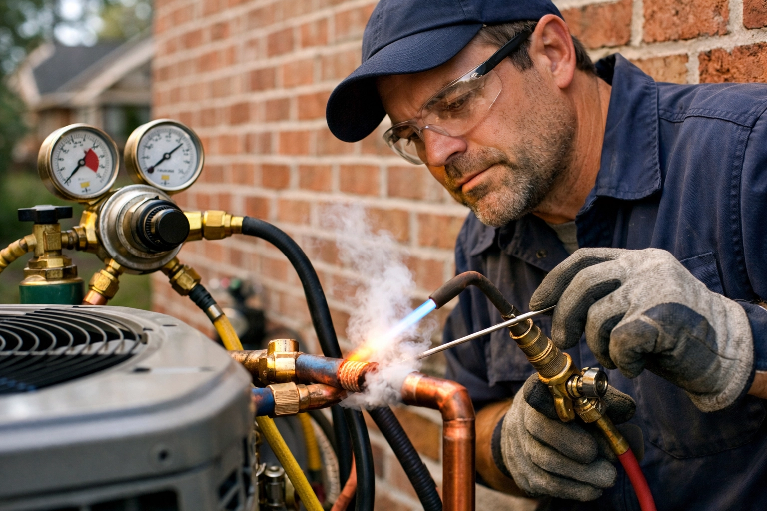 HVAC engineer brazing copper pipes with nitrogen gas flowing through for air conditioning installation