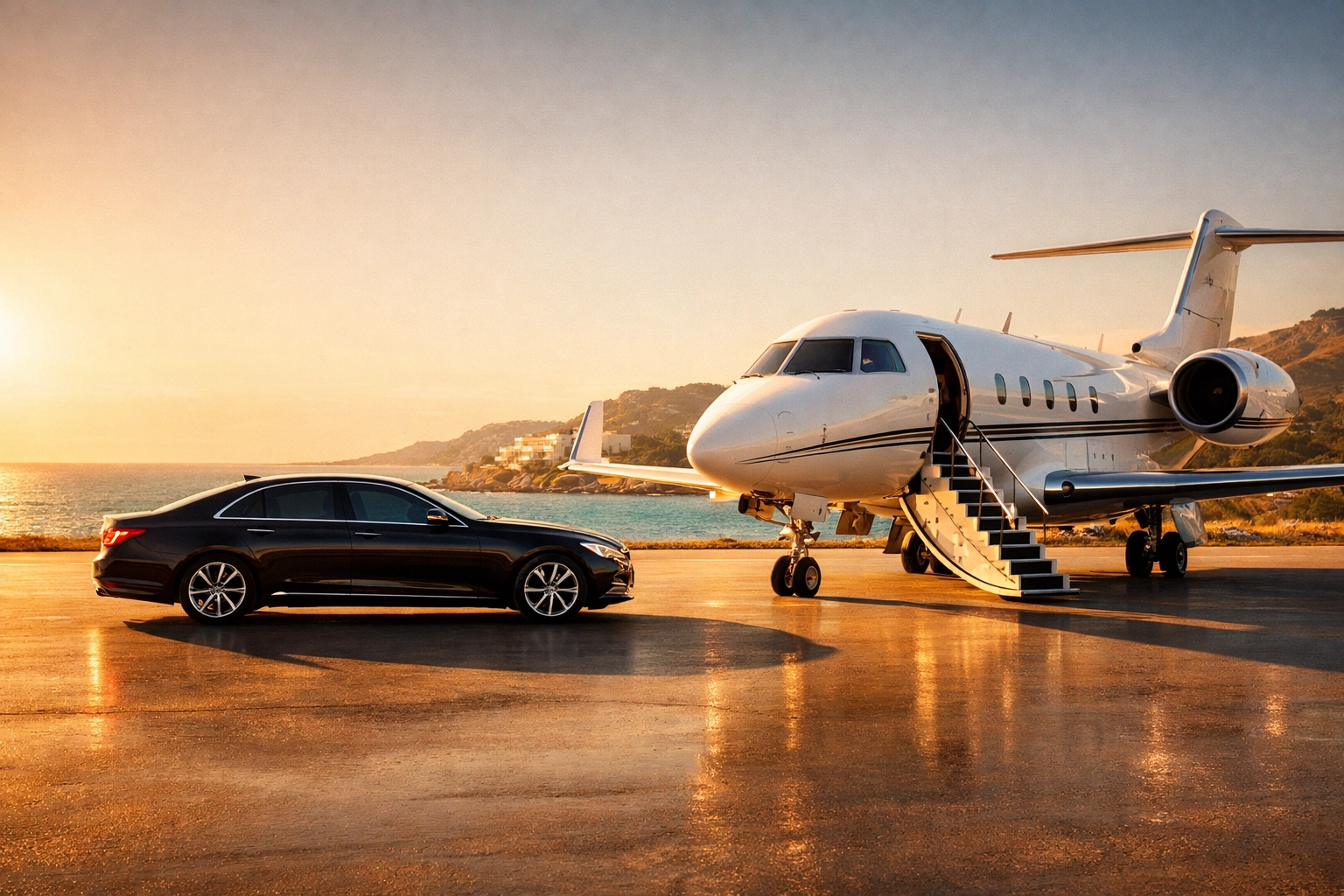 Executive car service meeting a private jet on a sun-drenched tarmac for a seamless luxury travel experience.