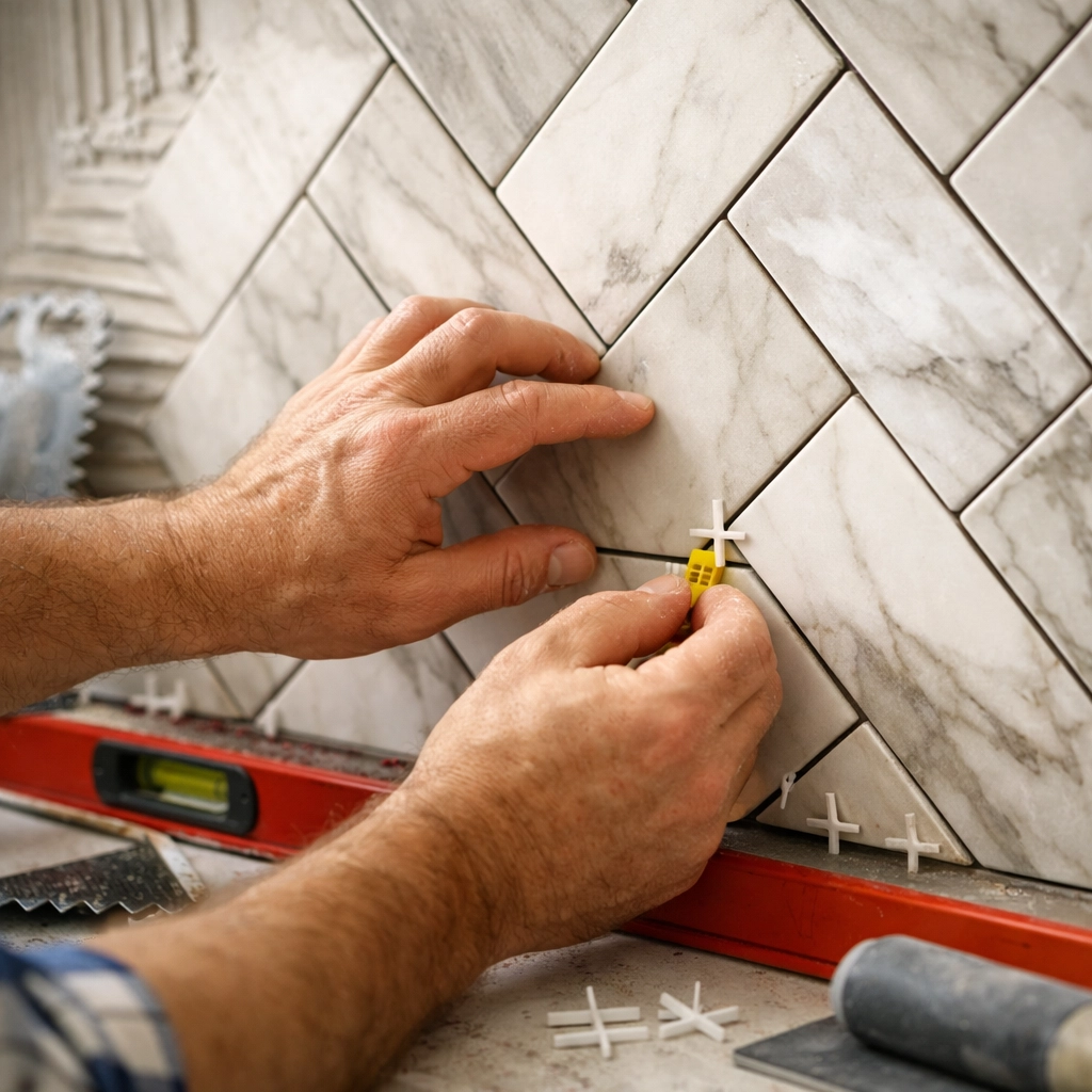 Professional tile installation Orlando craftsman installing porcelain backsplash in kitchen