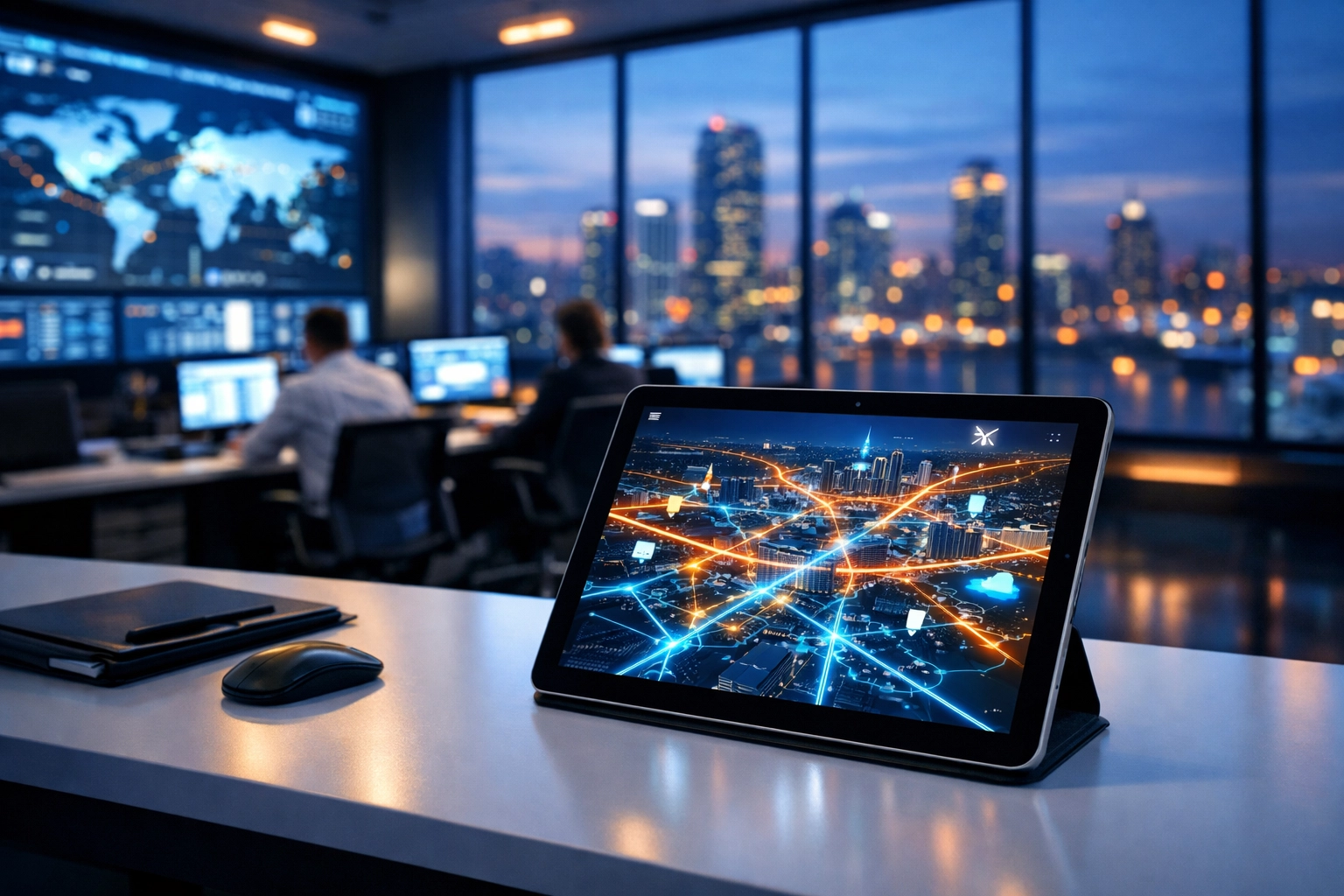 Modern corporate logistics command center with AI-powered transportation maps for strategic planning.