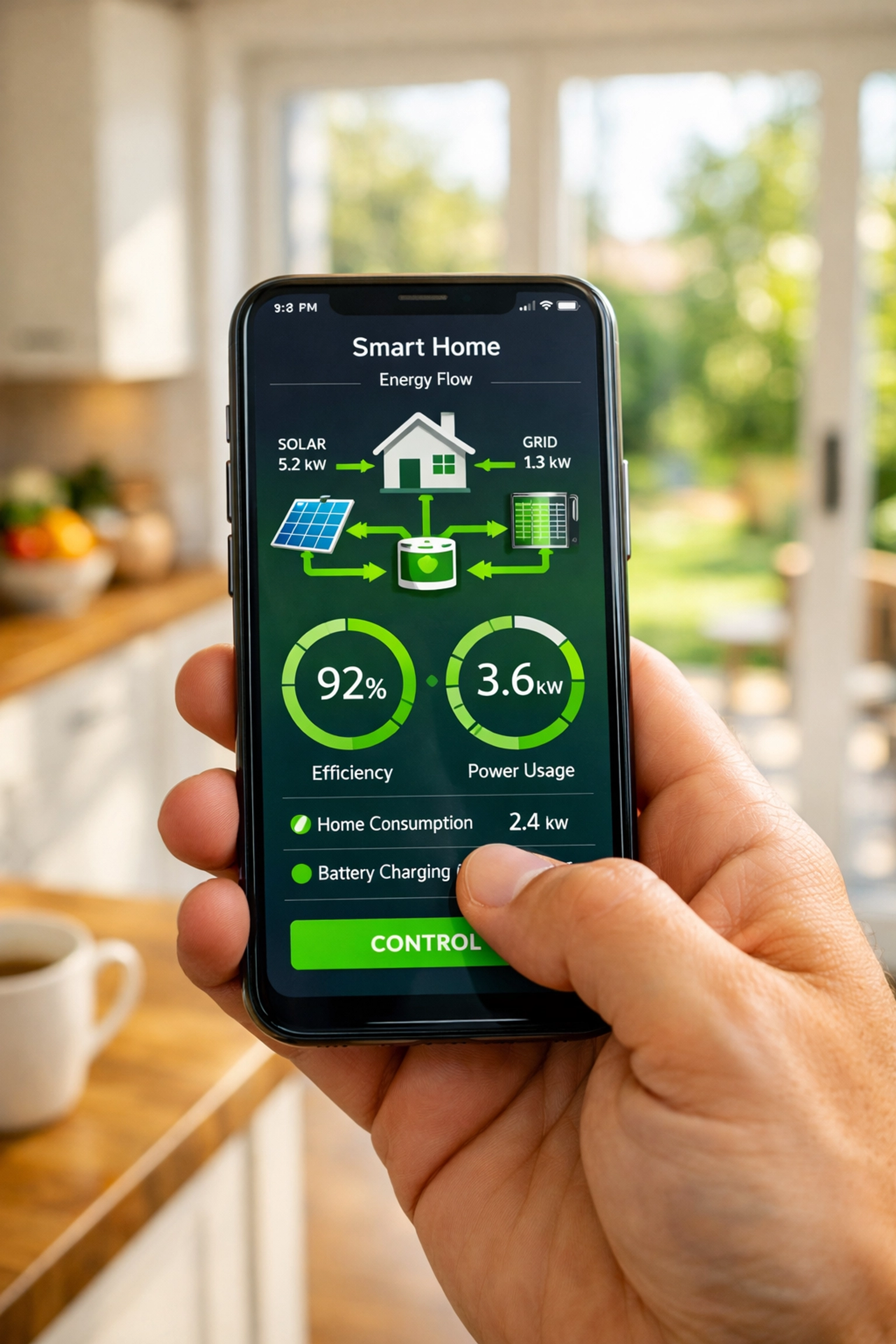 A homeowner using a smartphone app to monitor real-time solar energy production and battery storage.