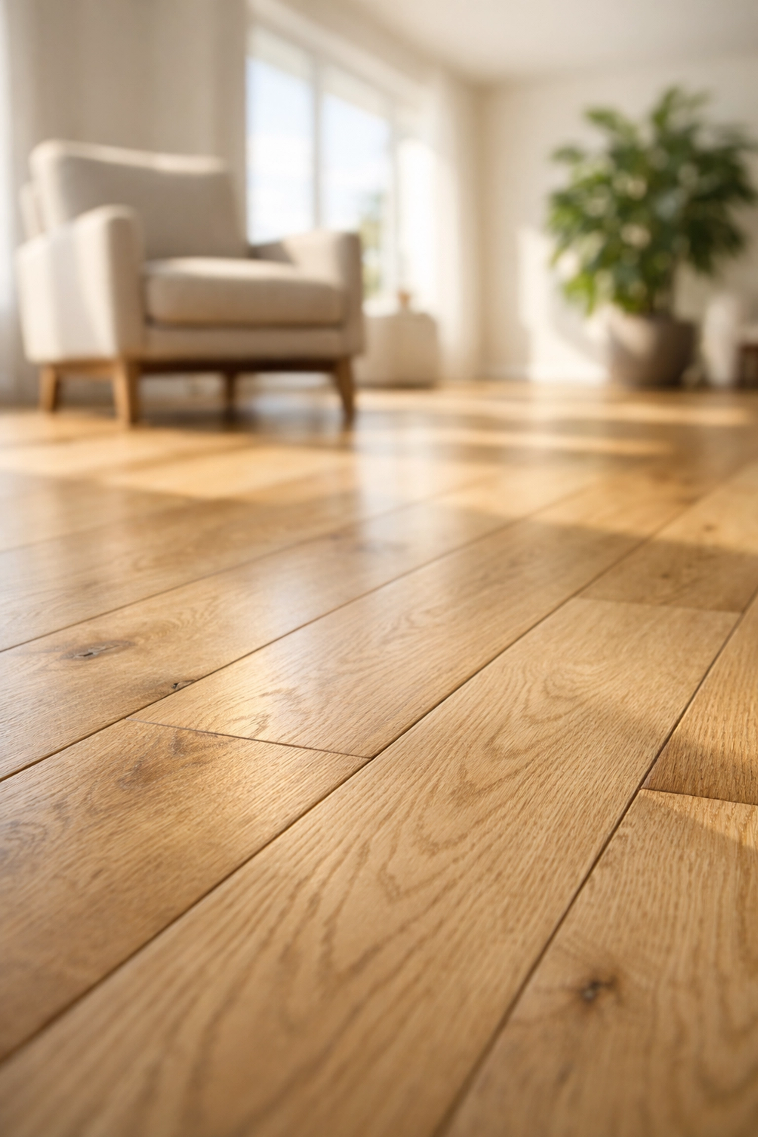 Professional flooring renovation in Orlando featuring wide-plank light oak hardwood in a sun-lit living room.