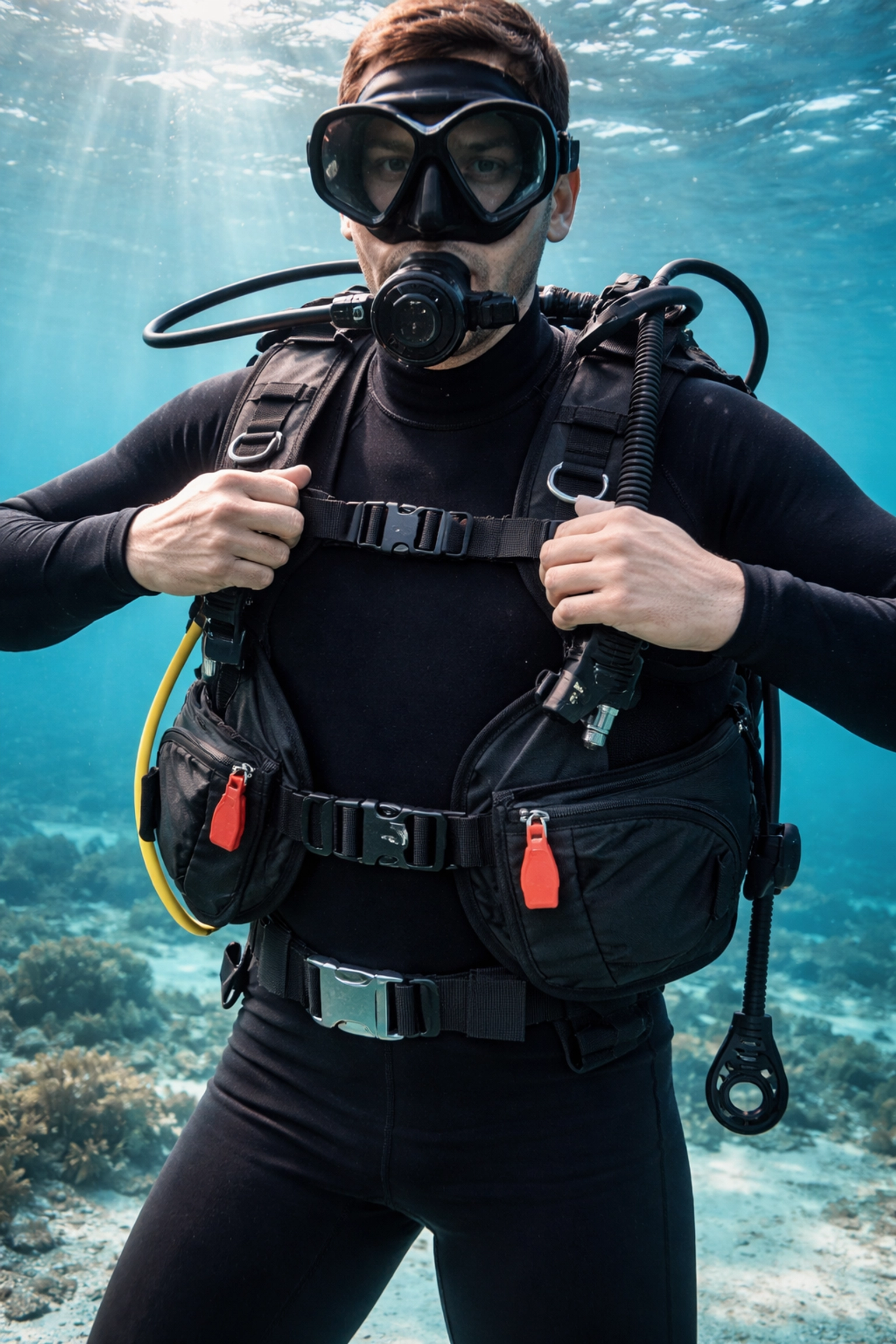 Taucher justiert sein BCD-Jacket unter Wasser, richtige Passform für sichere Tarierung mit der ersten Tauchausrüstung