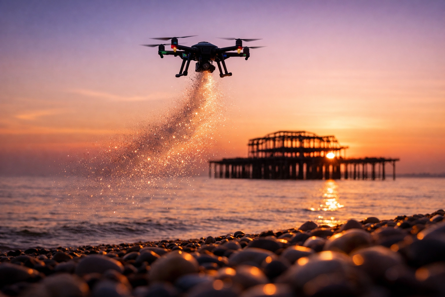 A serene ashes scattering ceremony at Brighton Beach using a professional drone at sunset.