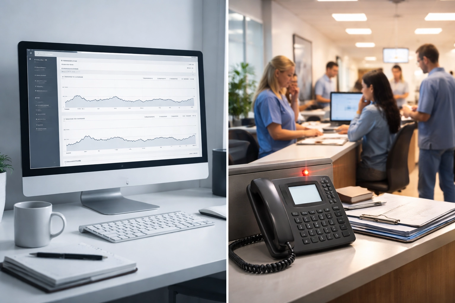 Split-screen showing flat website analytics beside a busy medical office, highlighting the gap between web metrics and real business growth. Split-screen showing flat website analytics beside a busy medical office, highlighting the gap between web metrics and real business growth.