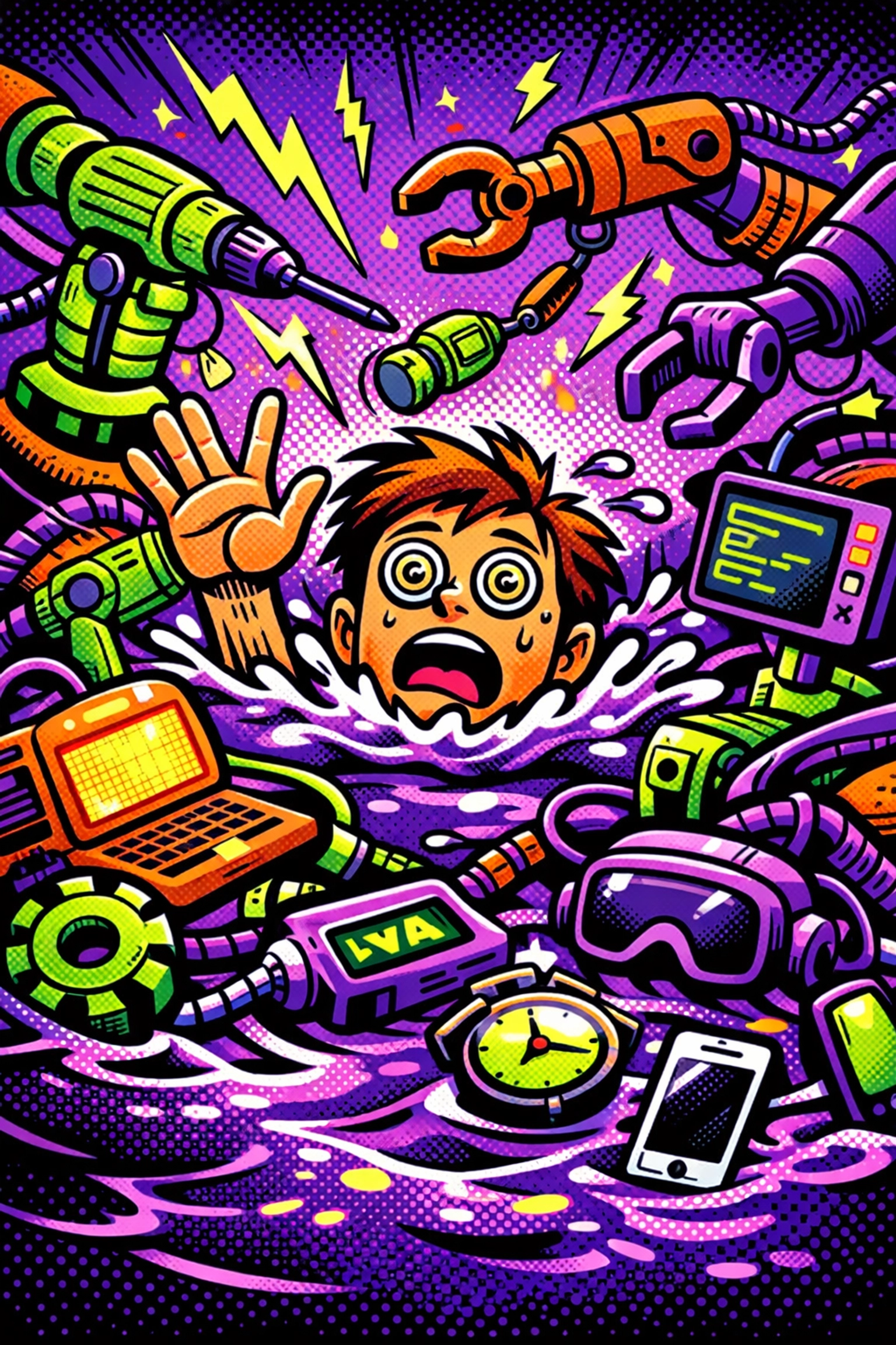 Stressed business owner overwhelmed by robotic arms, symbolizing tool fatigue from poorly planned automation.