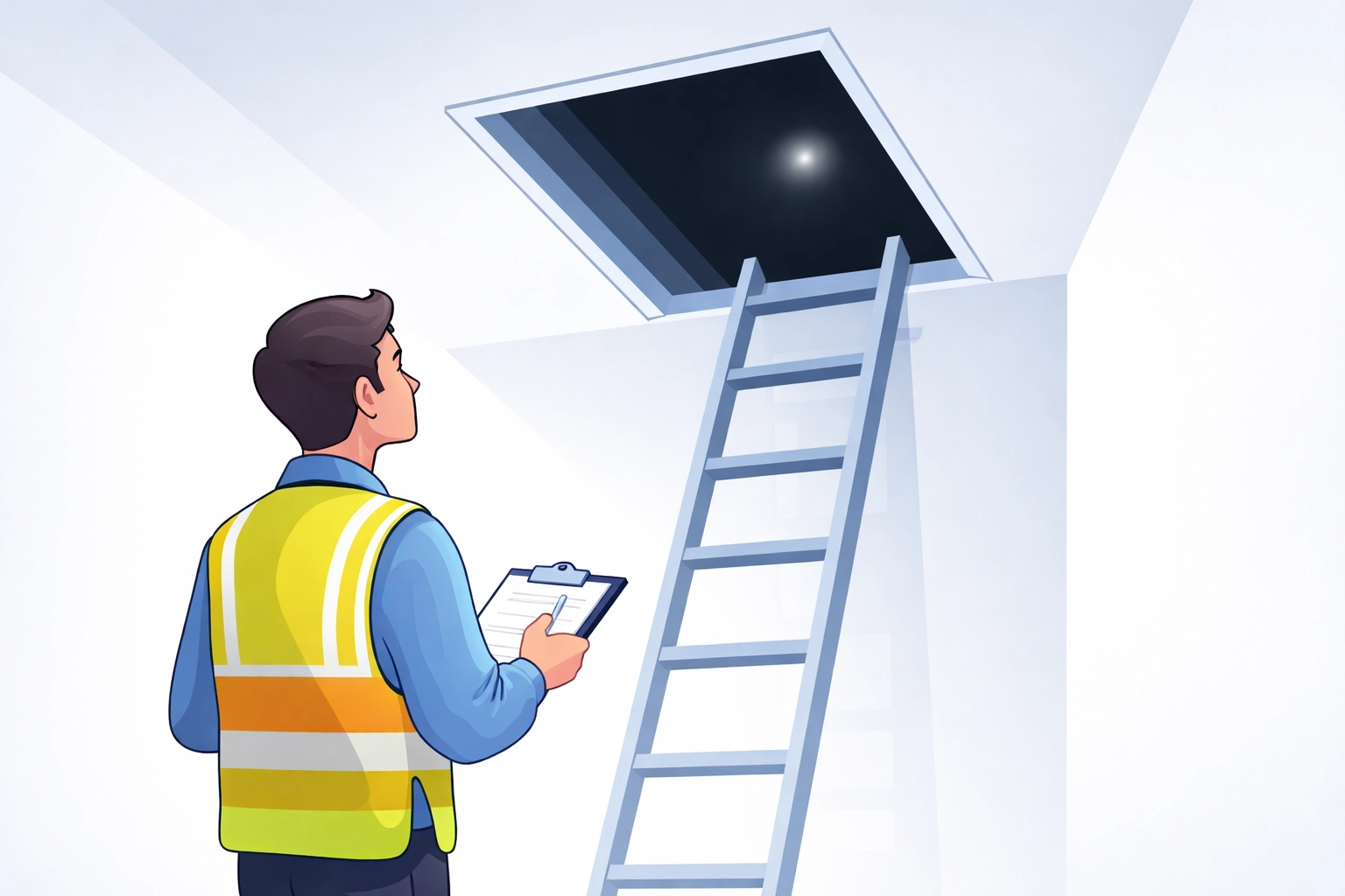 Surveyor inspecting a dark loft for spray foam insulation during the mortgage approval process