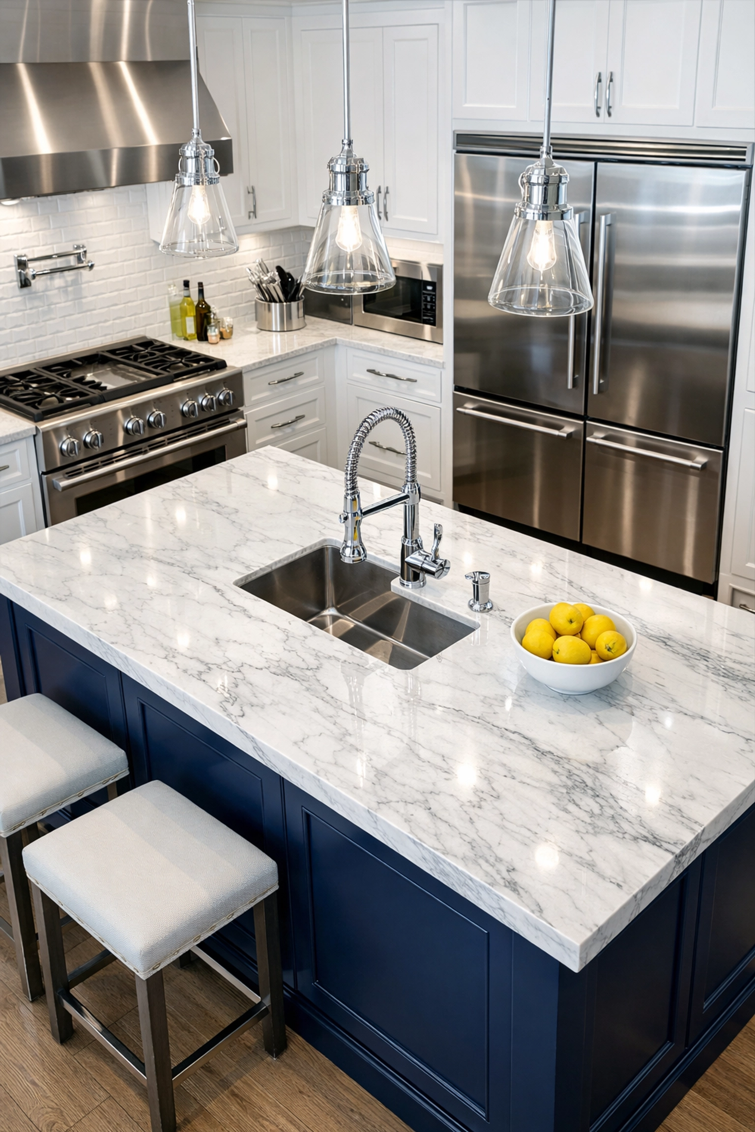 A pristine luxury kitchen with gleaming appliances after a professional deep cleaning Wellesley MA service.