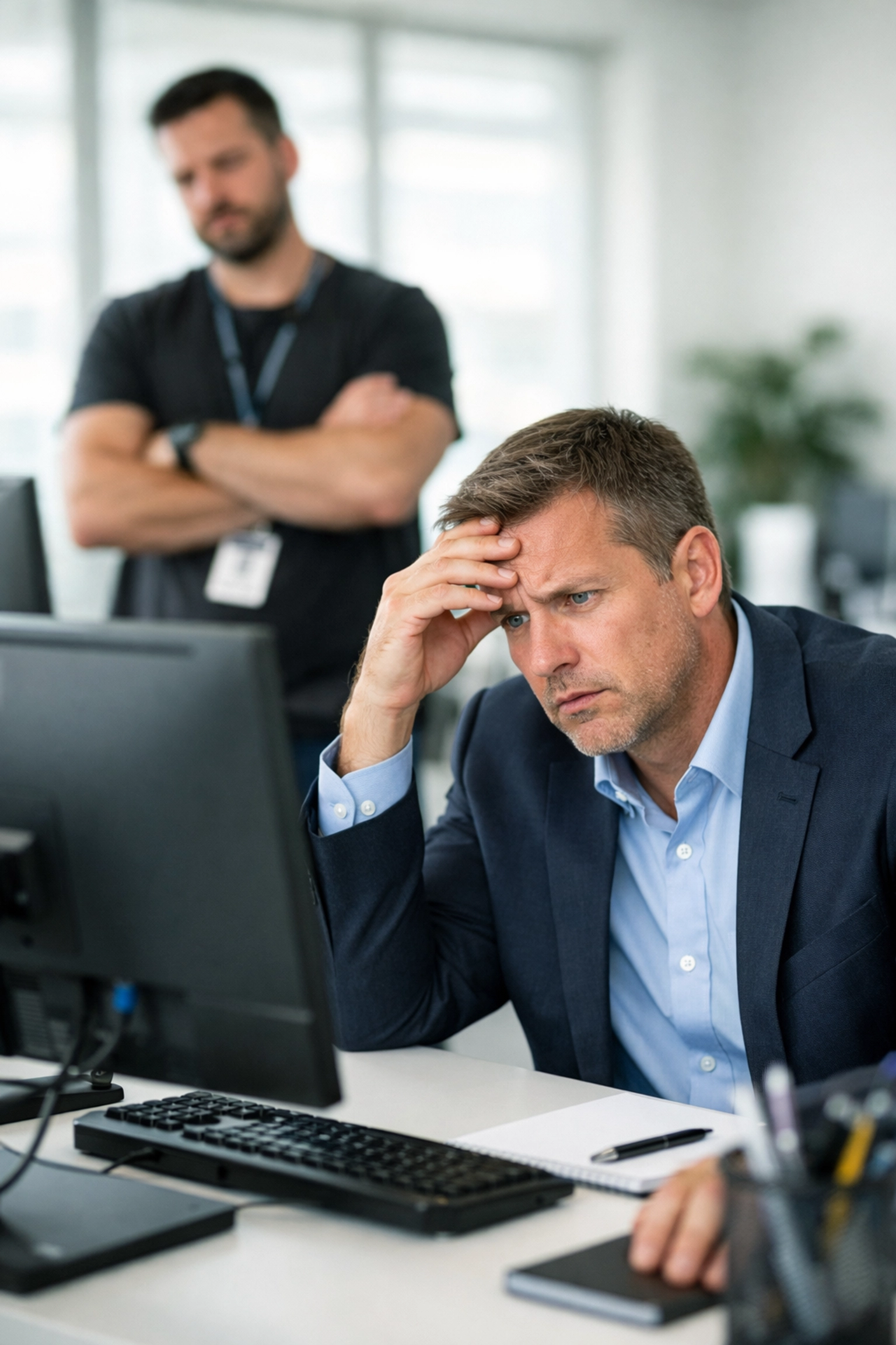 Frustrated employee struggling with computer while IT professional looks exhausted in office