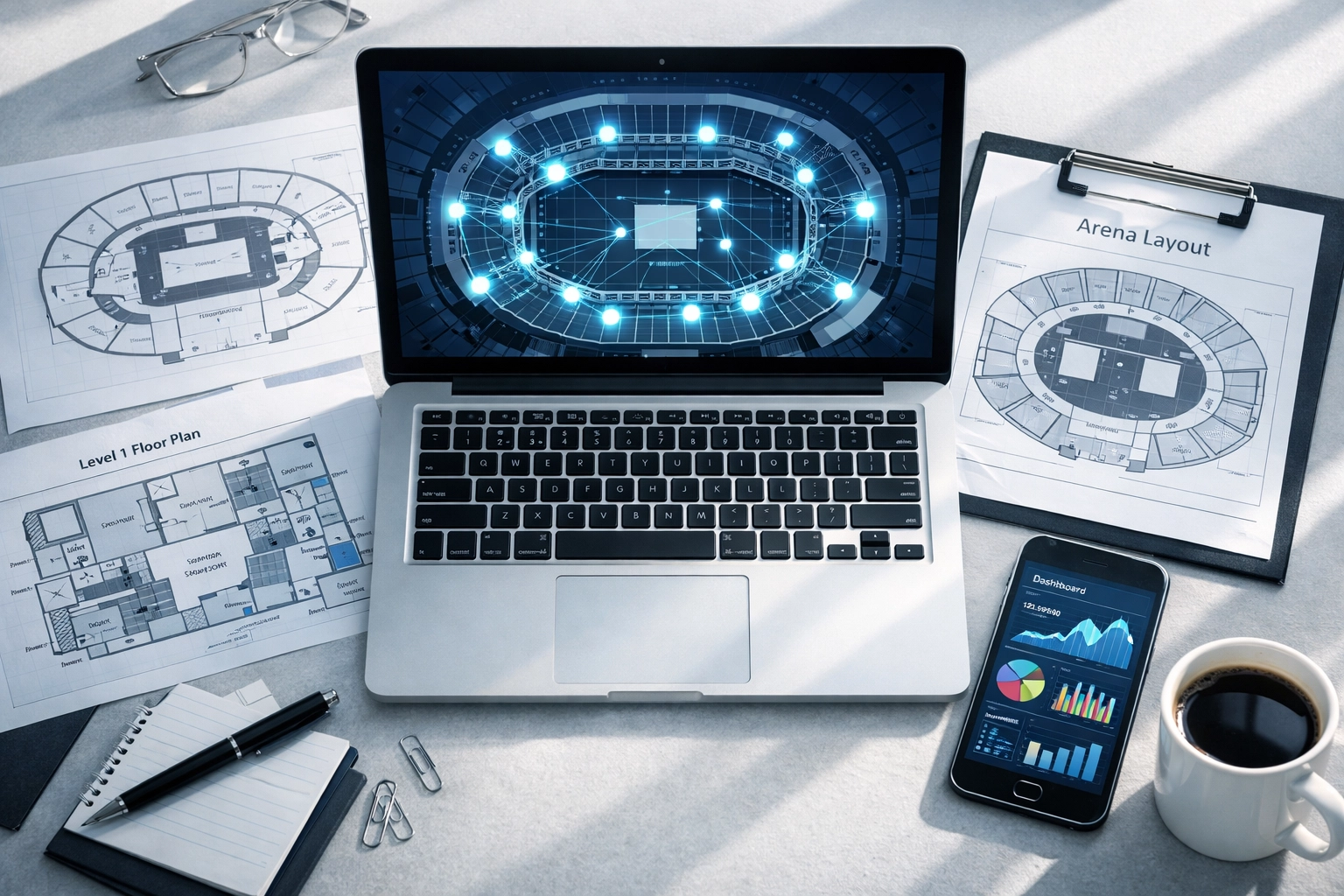 Project manager workspace showing Sporttron digital venue coordination platform and stadium maps