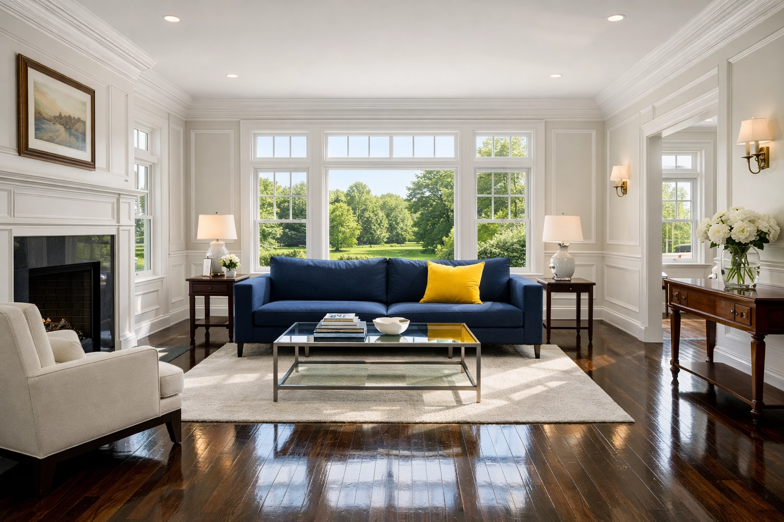 Clean colonial living room in Sudbury, MA, with polished floors from a professional weekly house cleaning service.