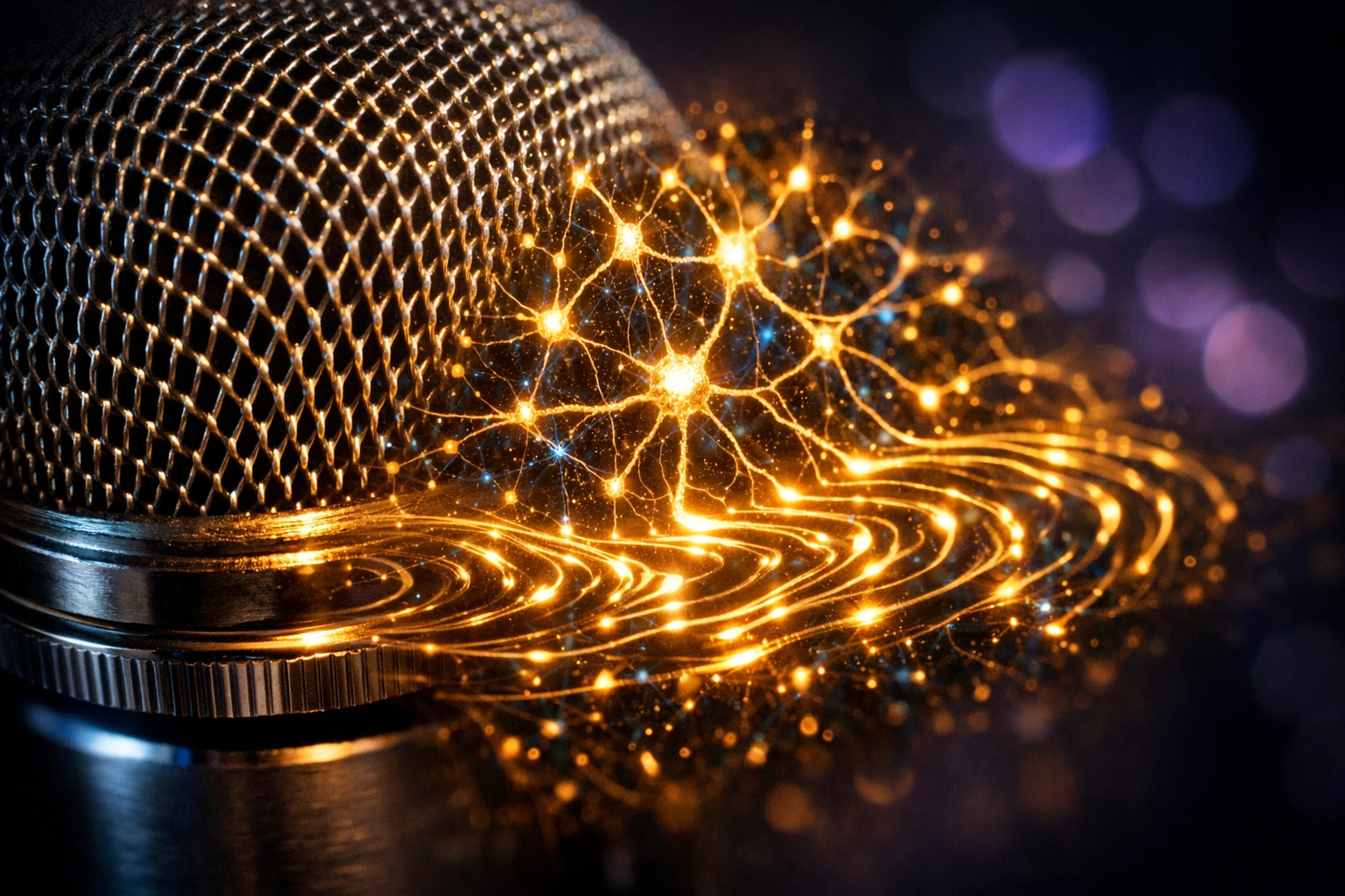 Close-up of a microphone merging into a neural network representing advanced AI voice search technology.