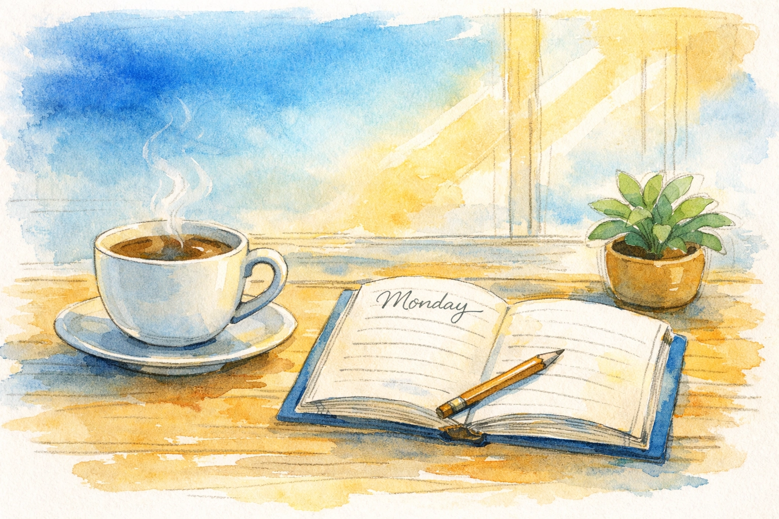Morning coffee and open planner symbolizing hopeful Monday planning and anticipation