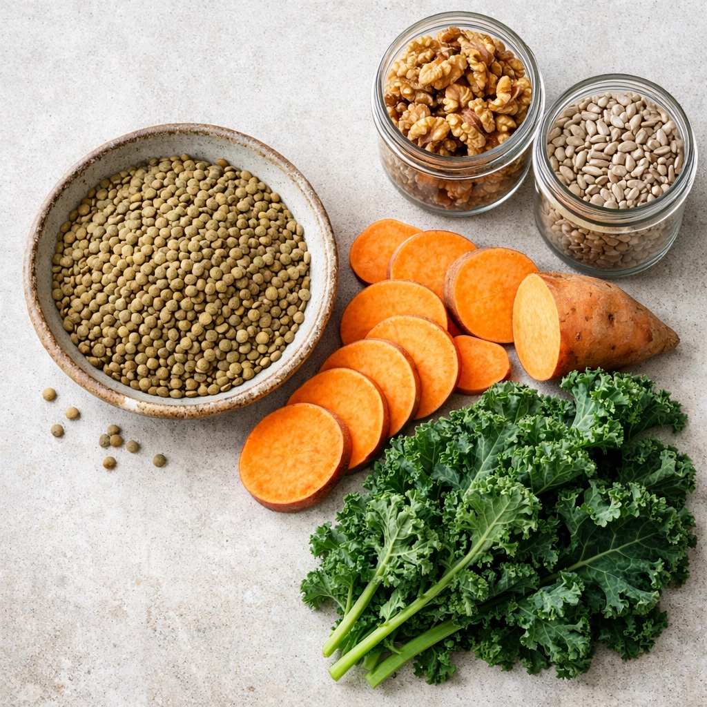 Variety of budget-friendly plant-based products and ingredients for a healthy lifestyle for women in their 40s.