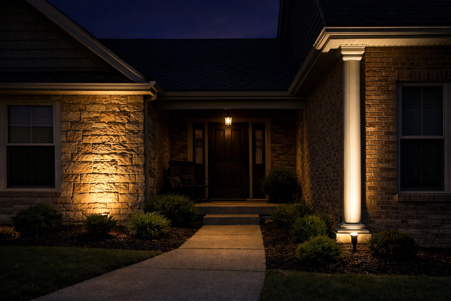 Professional Lexington landscape lighting showing a wash light on a stone wall and a focused spot light on a column.