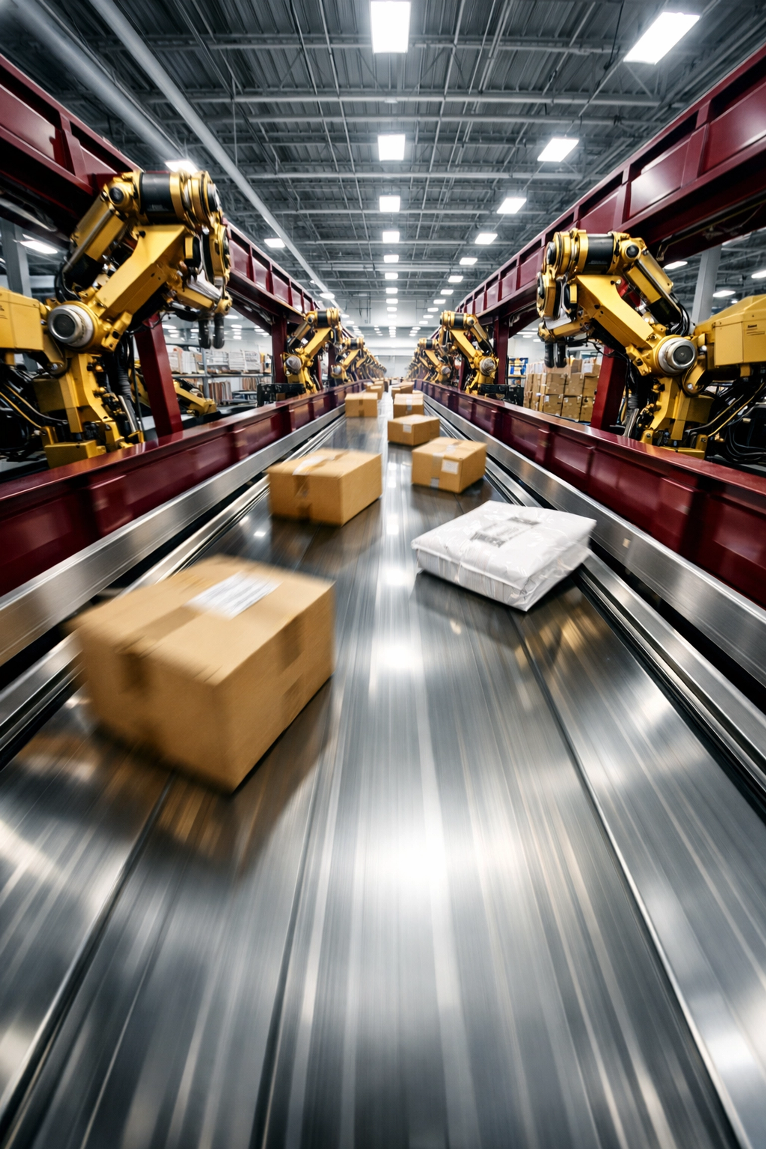 Automated sorting conveyor belt in a high-speed ecommerce fulfillment center.