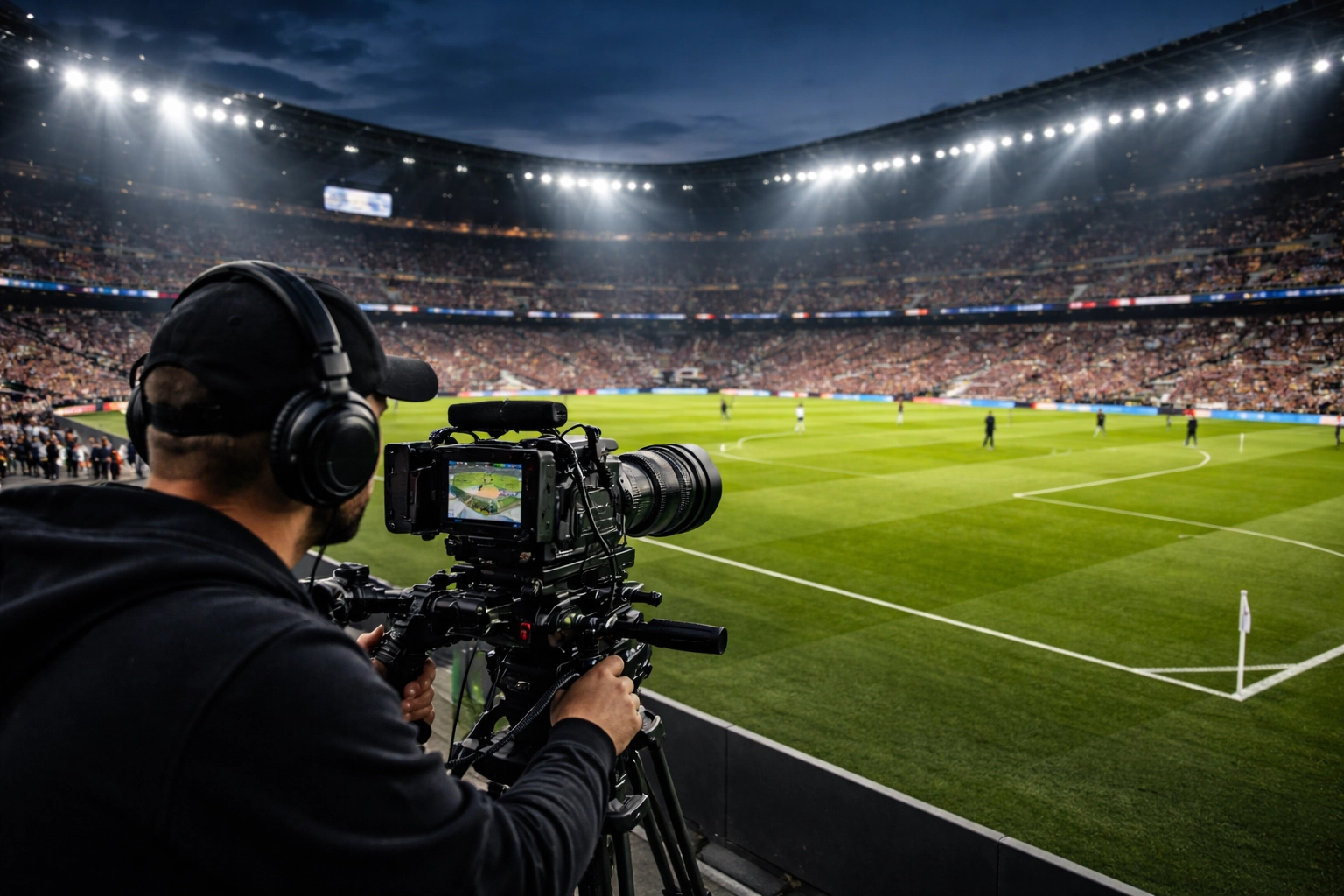 Professional camera operator filming live sports event at stadium for digital media broadcast and streaming