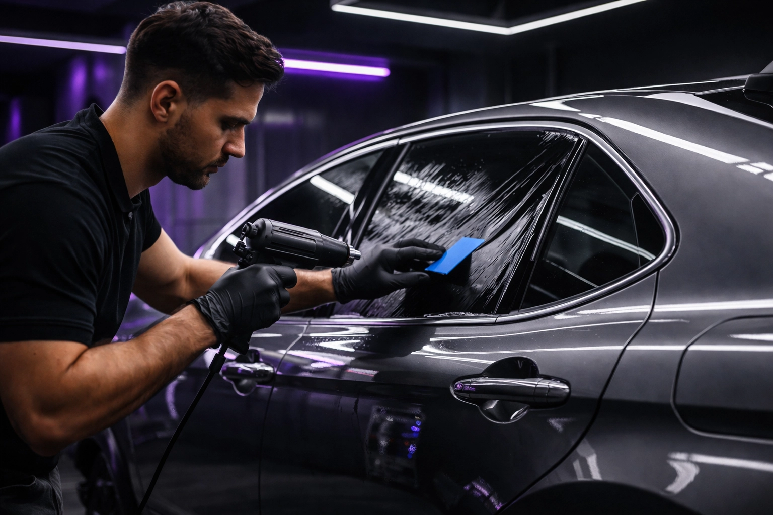 Professional installer applying ceramic window tint to Toyota Camry at Elite Window Tintz Smithfield NC