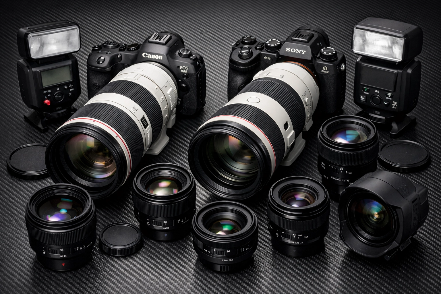 Professional Miami event photographer gear including high-end cameras and lenses for technical mastery.