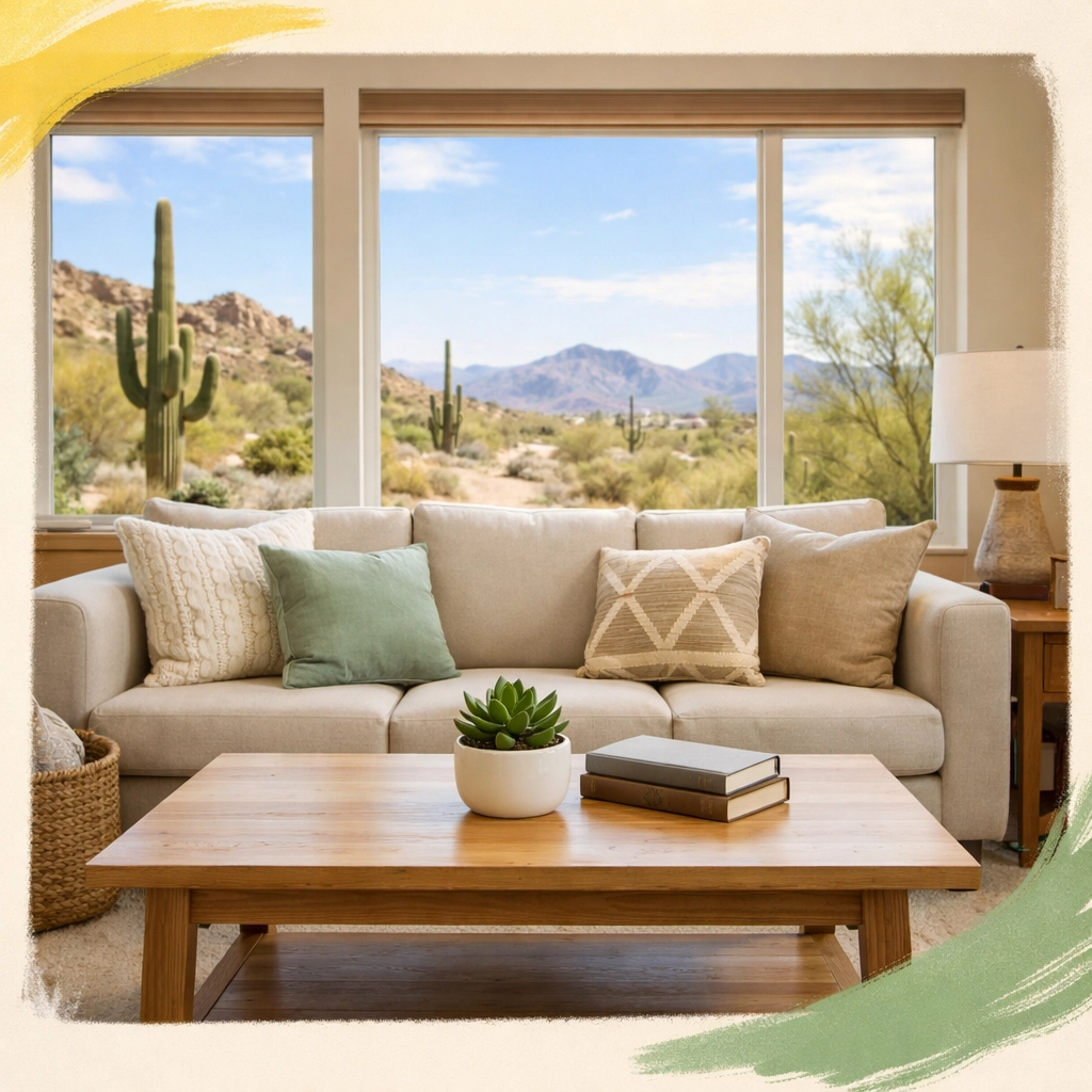 Peaceful Arizona living room with modern furniture and desert landscape views through windows