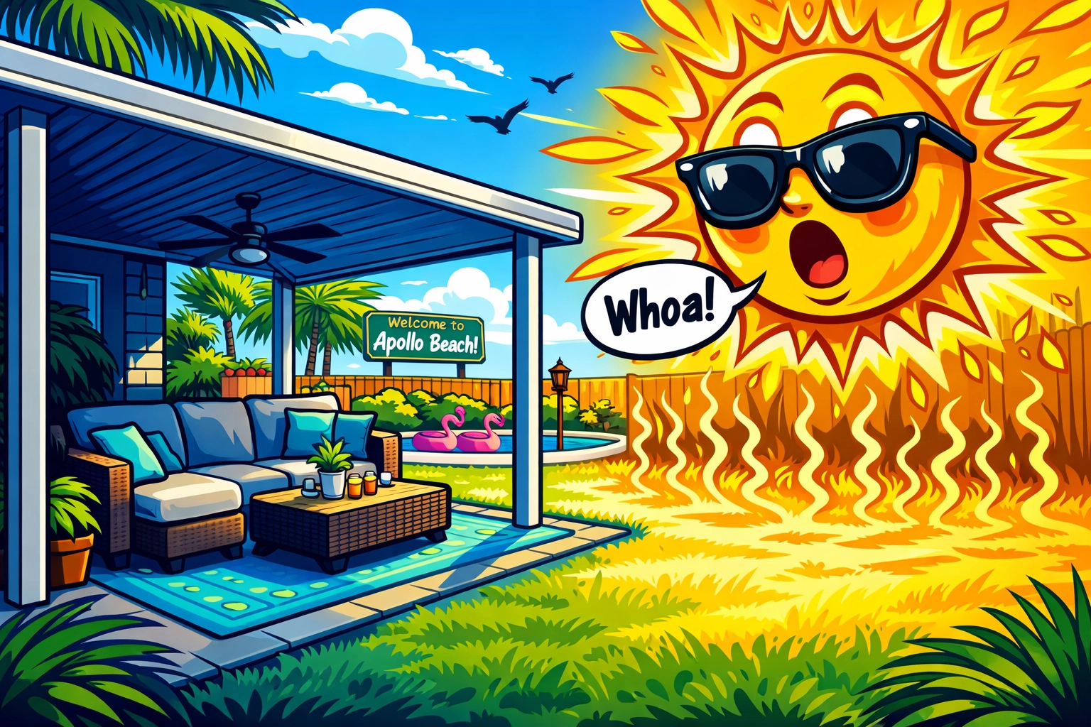 A modern aluminum patio cover providing cool shade for an Apollo Beach backyard living space.