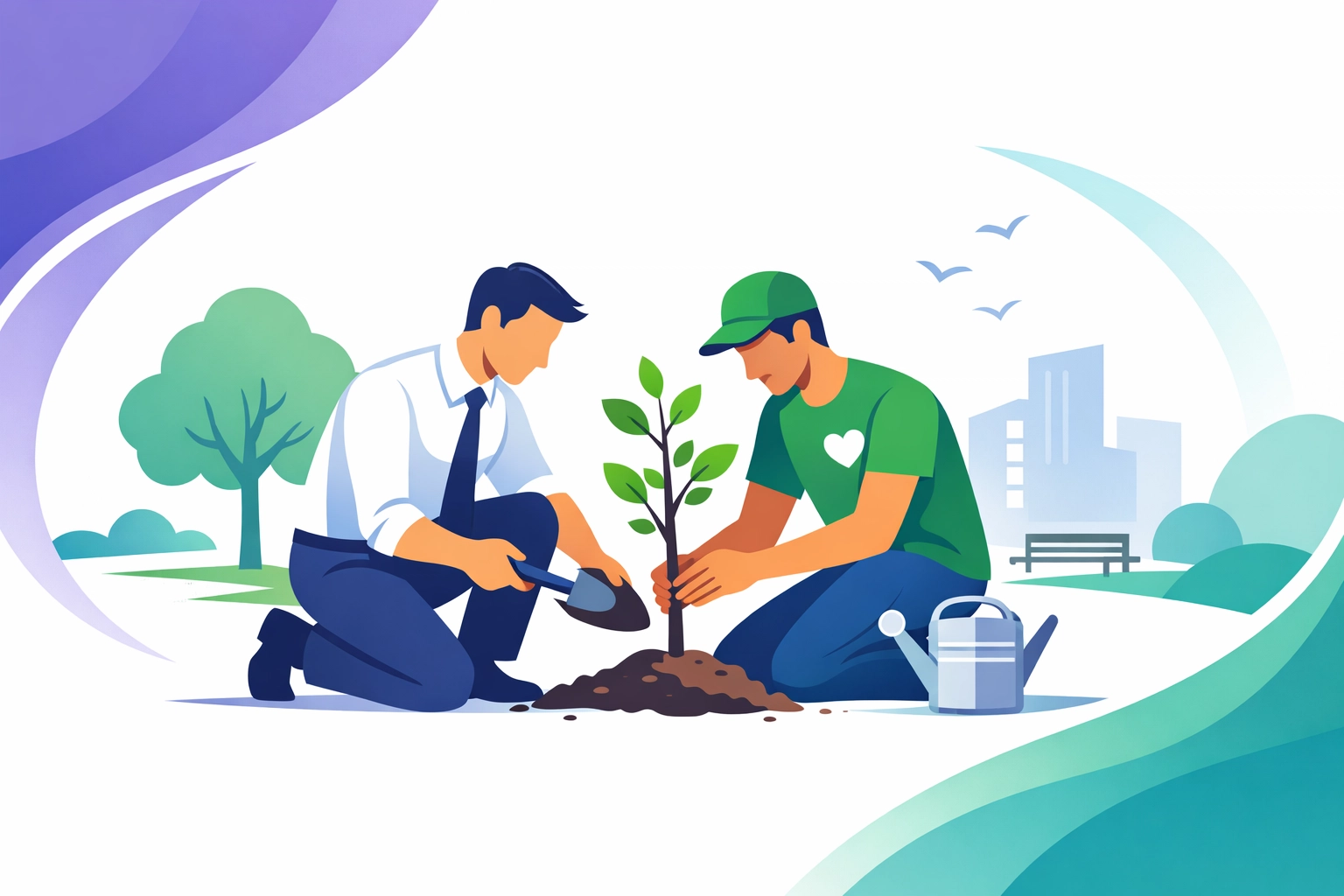 Business owner and volunteer planting a tree to symbolize community impact and growth.