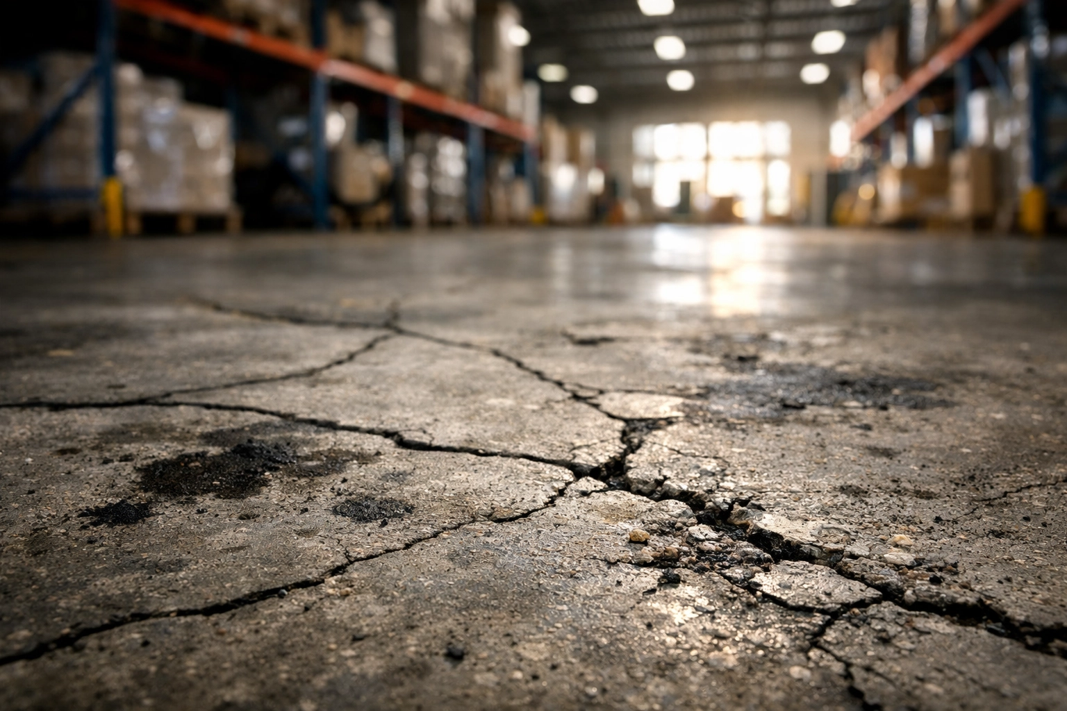 Damaged commercial concrete floor in Ridgeland MS showing cracks and stains before coating prep