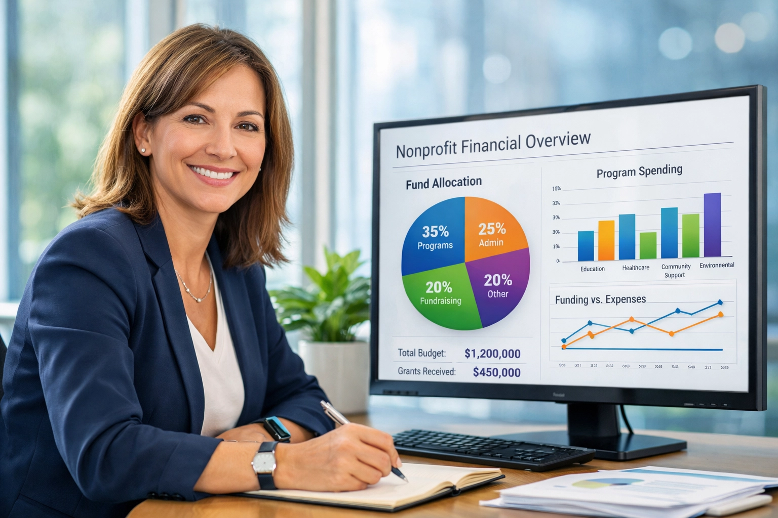 Nonprofit finance director analyzing transparent financial reports and fund allocation data