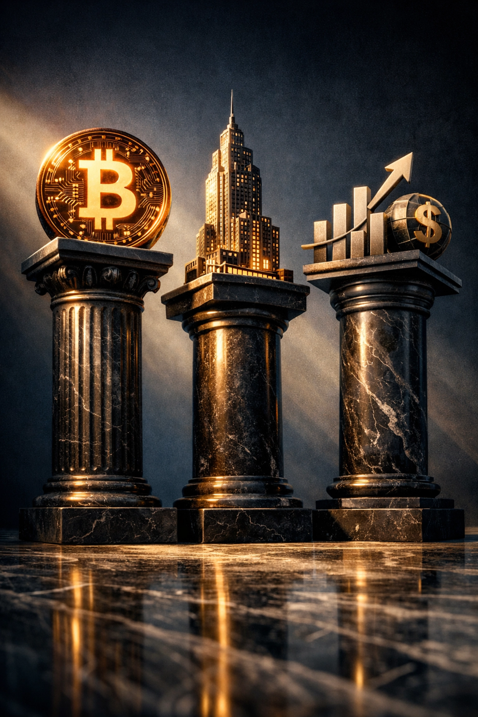 Three pillars representing crypto, real estate, and private equity in the 40/30/30 investment framework
