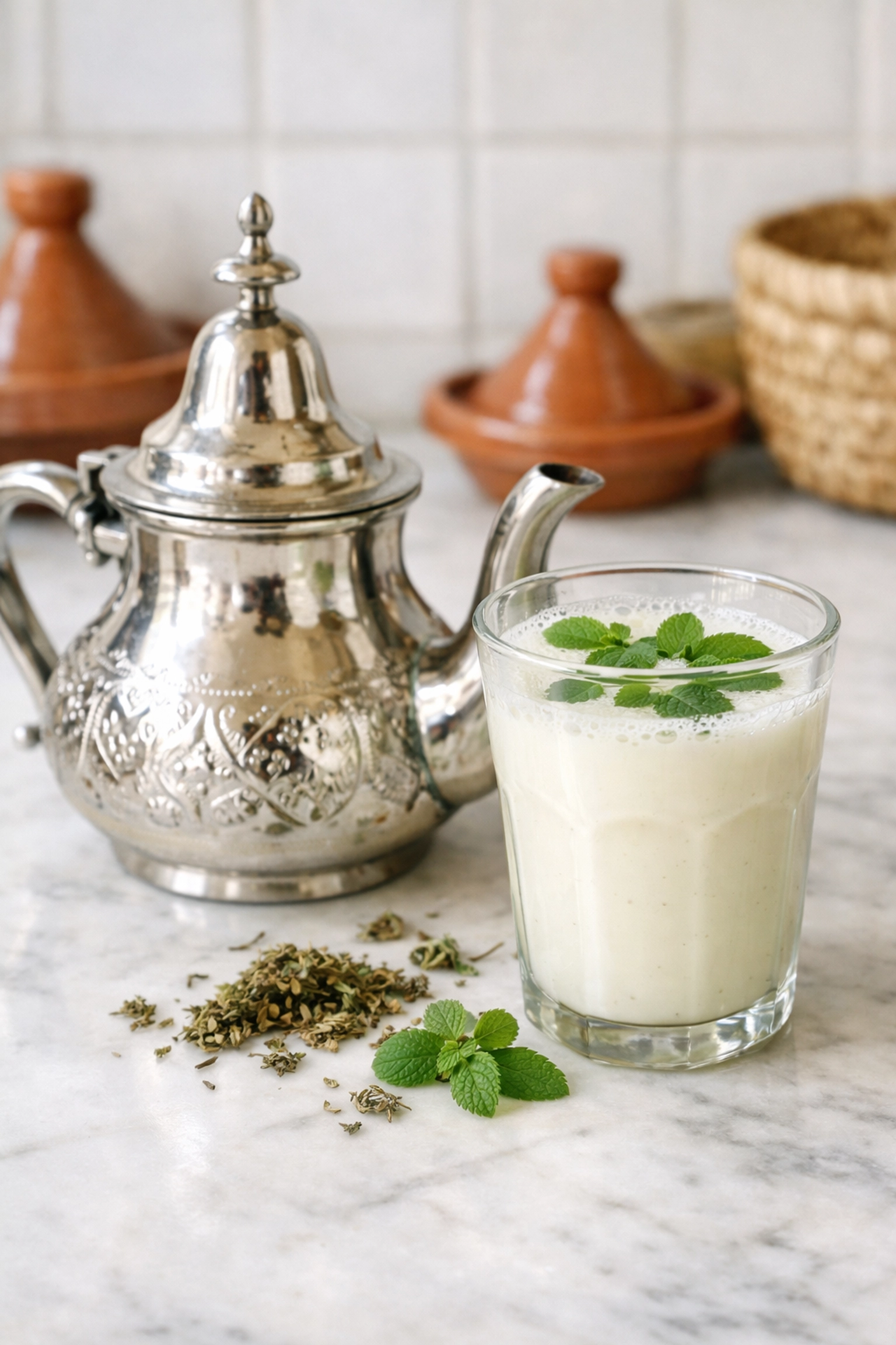 إبريق شاي مغربي مع فوائد فليو التقليدية لعلاج نزلات البرد