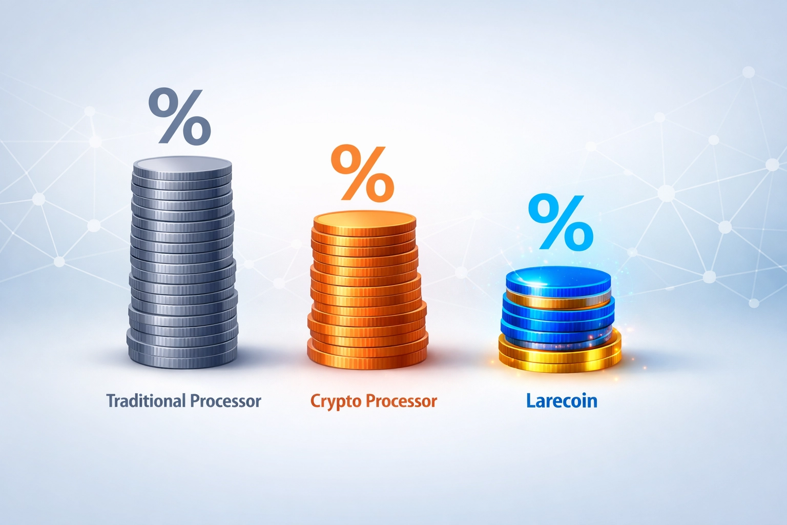 Payment processing fee comparison chart showing Larecoin's 95% cost reduction versus traditional processors