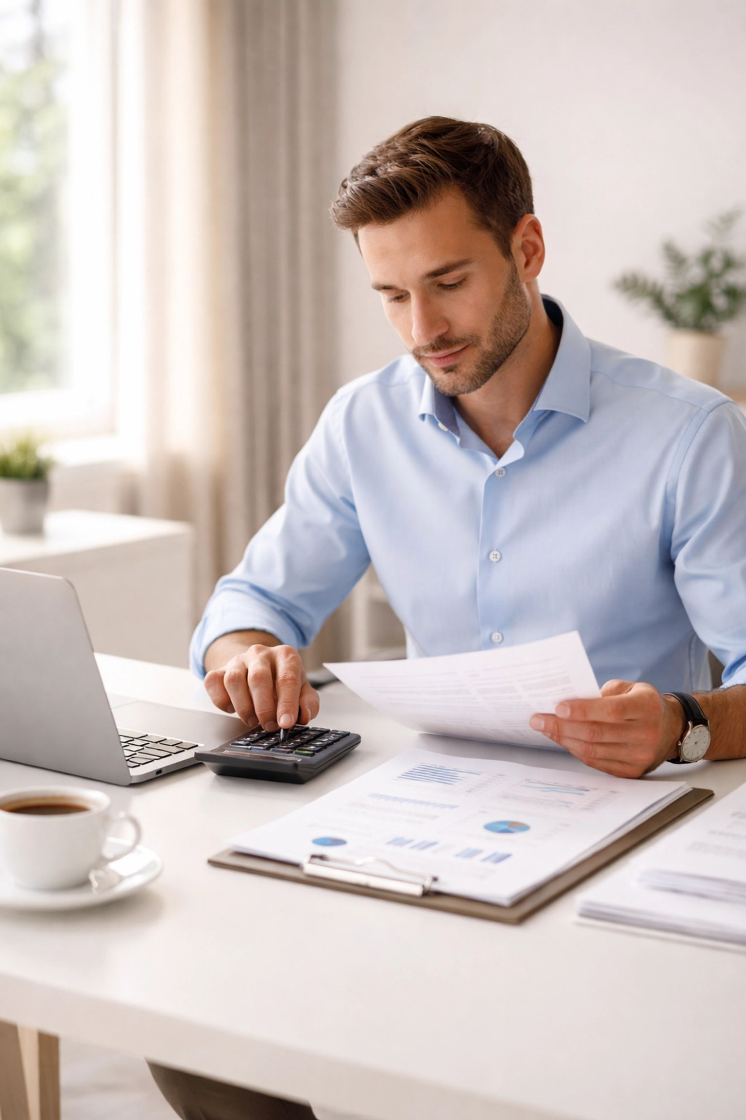 Business owner reviewing payroll documents at a desk, focusing on S corp payroll compliance and tax planning.
