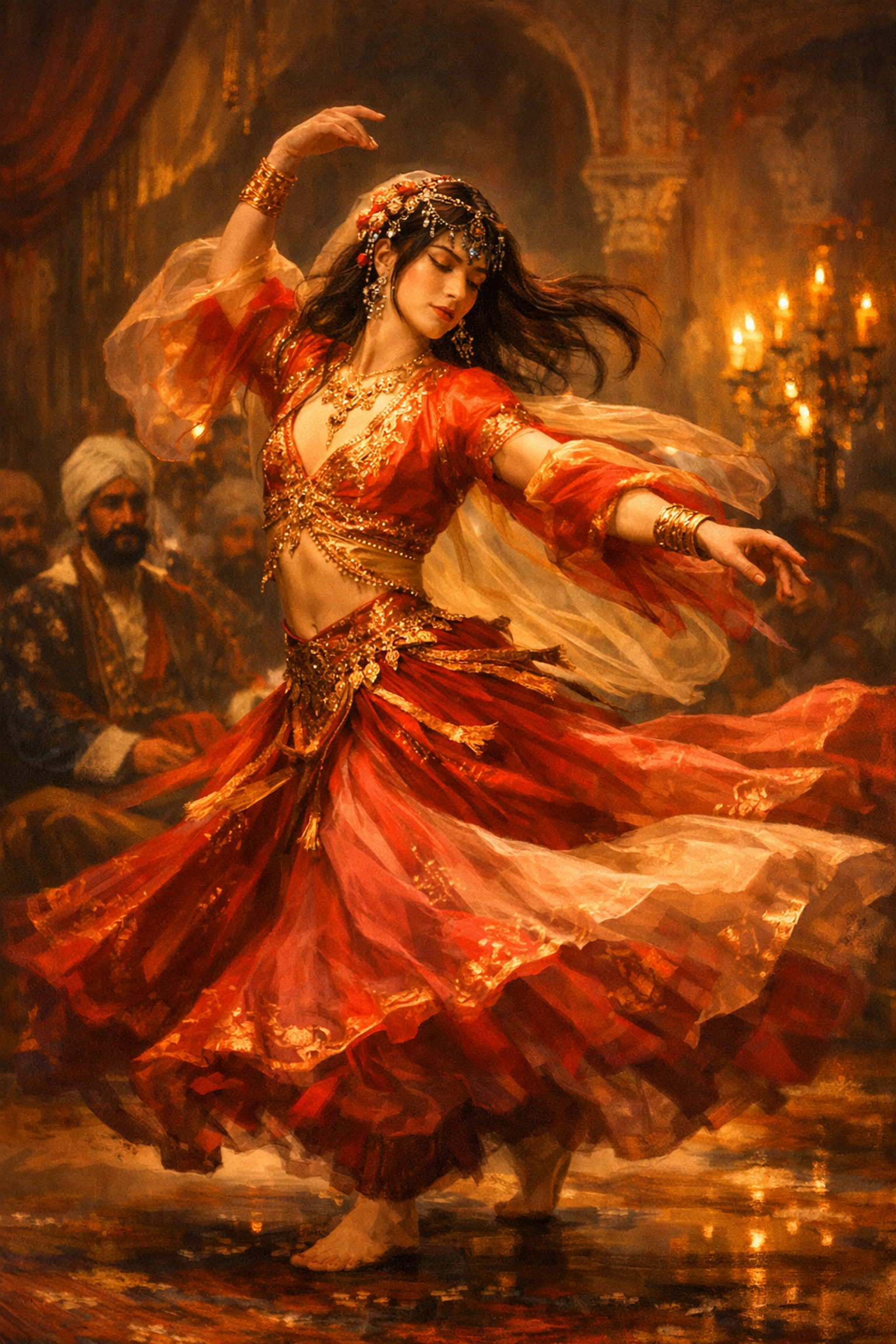 Köçek dancer performing in elaborate costume at Ottoman court celebration for male audience