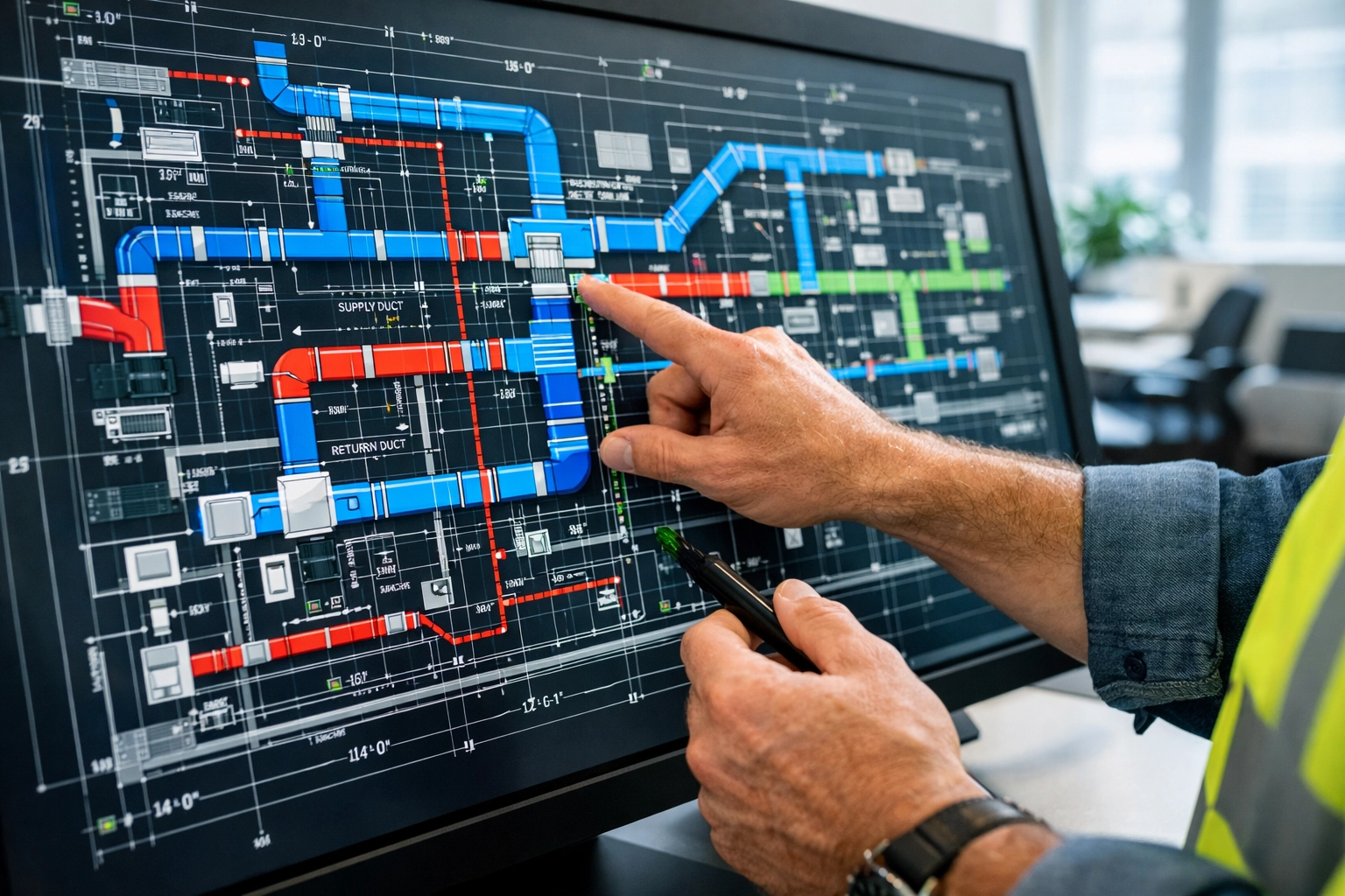 Professional HVAC contractor reviewing digital ductwork schematics for accurate system design.