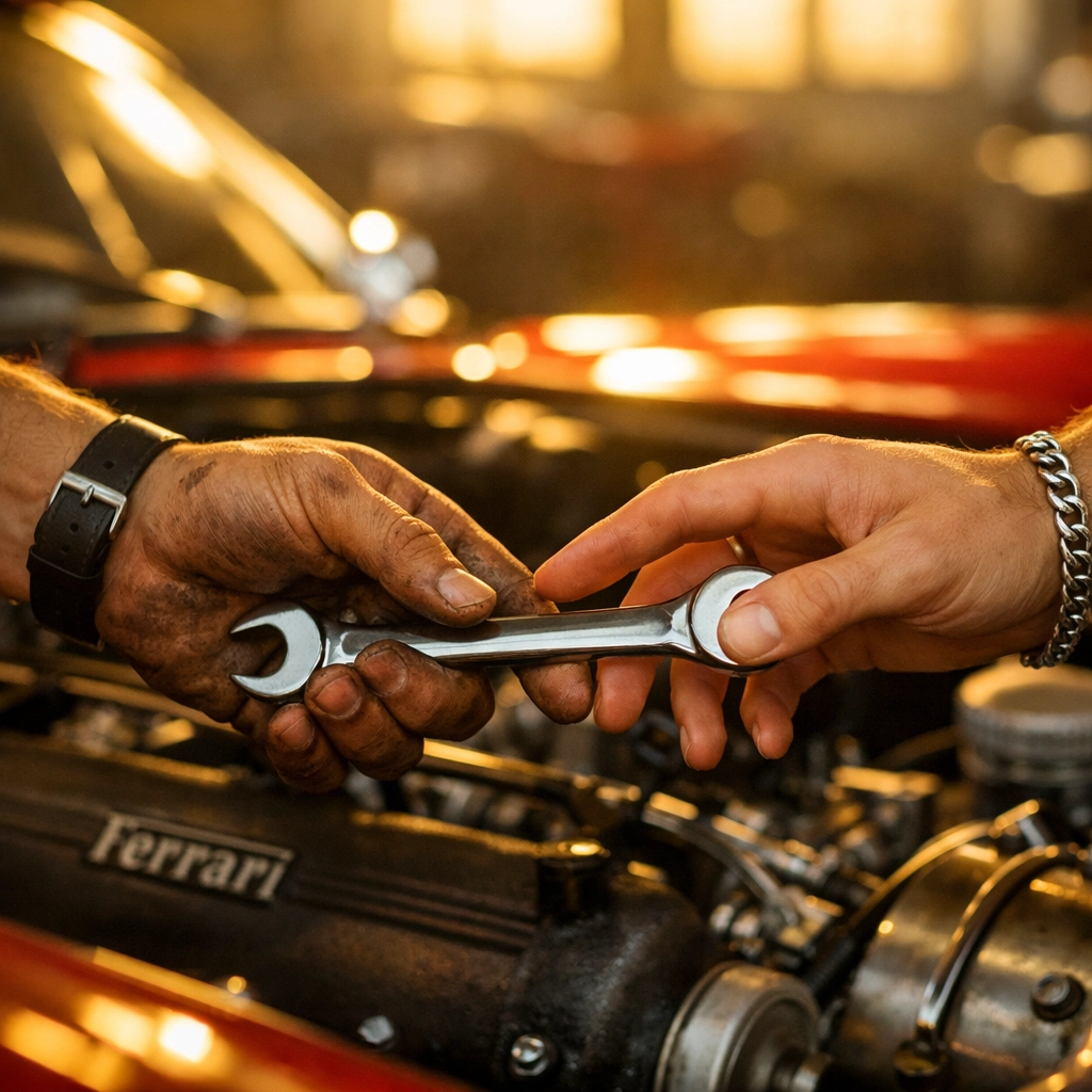Mechanic and billionaire's hands nearly touching over Ferrari engine - gay romance tension