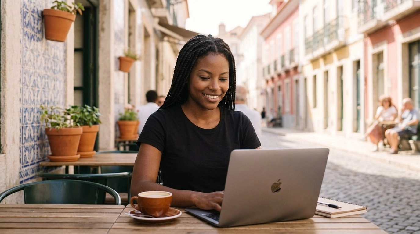 Jovem estudante cabo-verdiana a estudar num café típico em Portugal