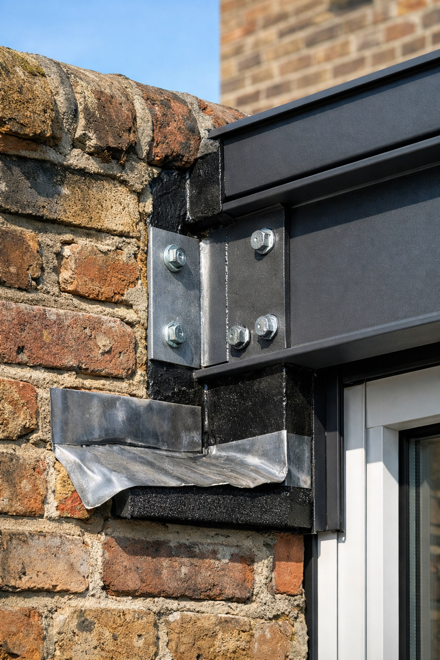 Structural steel installation at a Surrey boundary for Party Wall Act compliance.