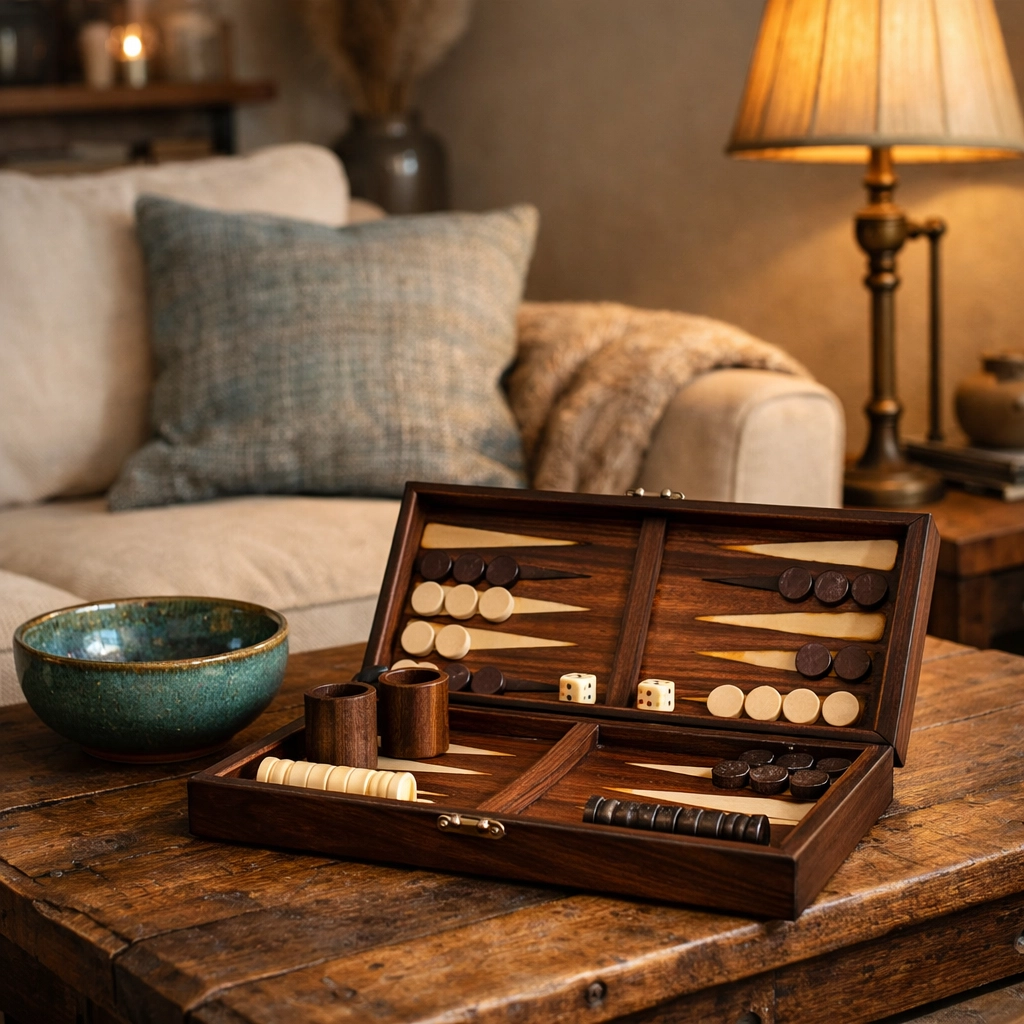 Handcrafted walnut backgammon set and turquoise ceramic bowl on a rustic coffee table.