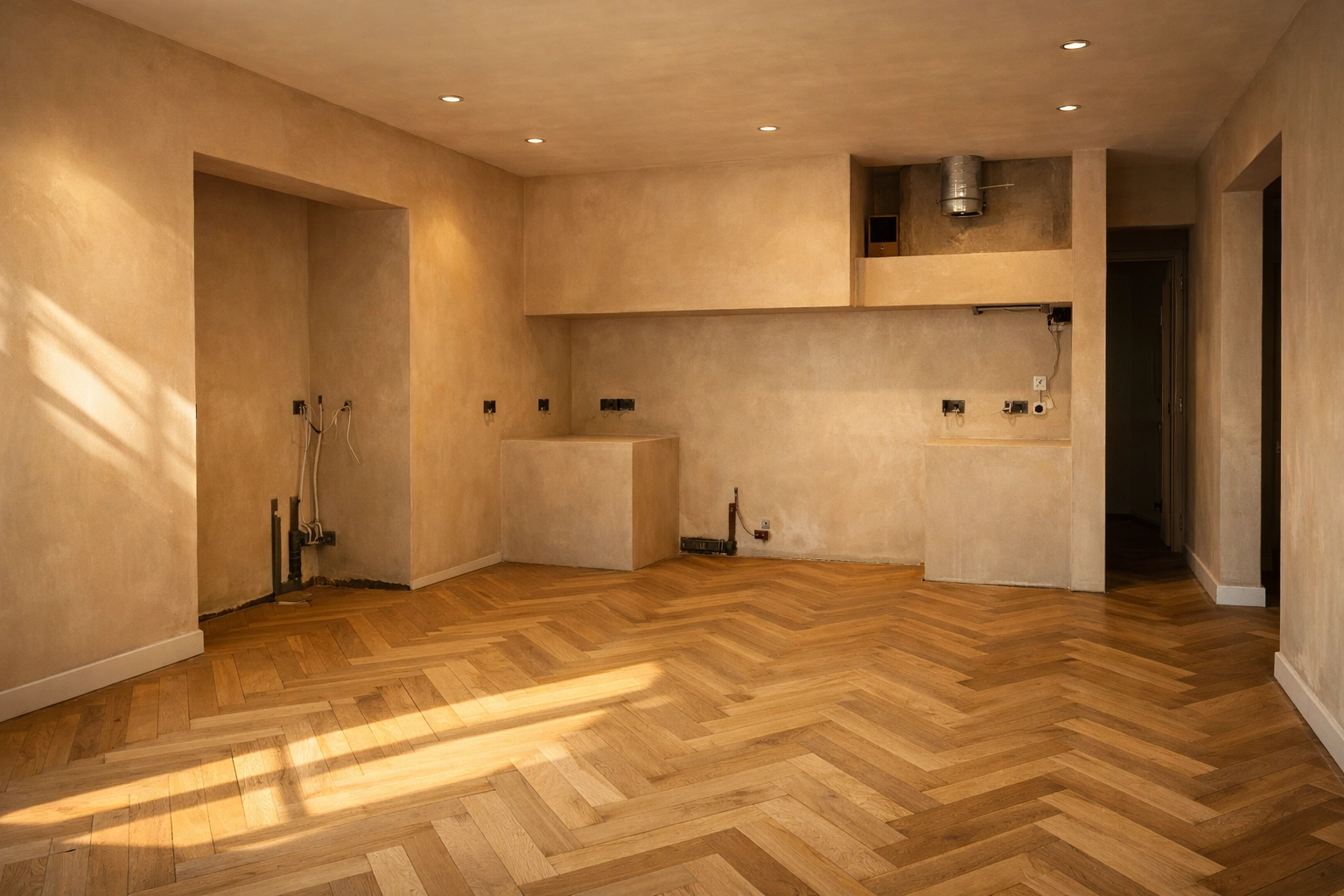 Freshly plastered kitchen walls and oak herringbone flooring during a West Sussex home renovation.