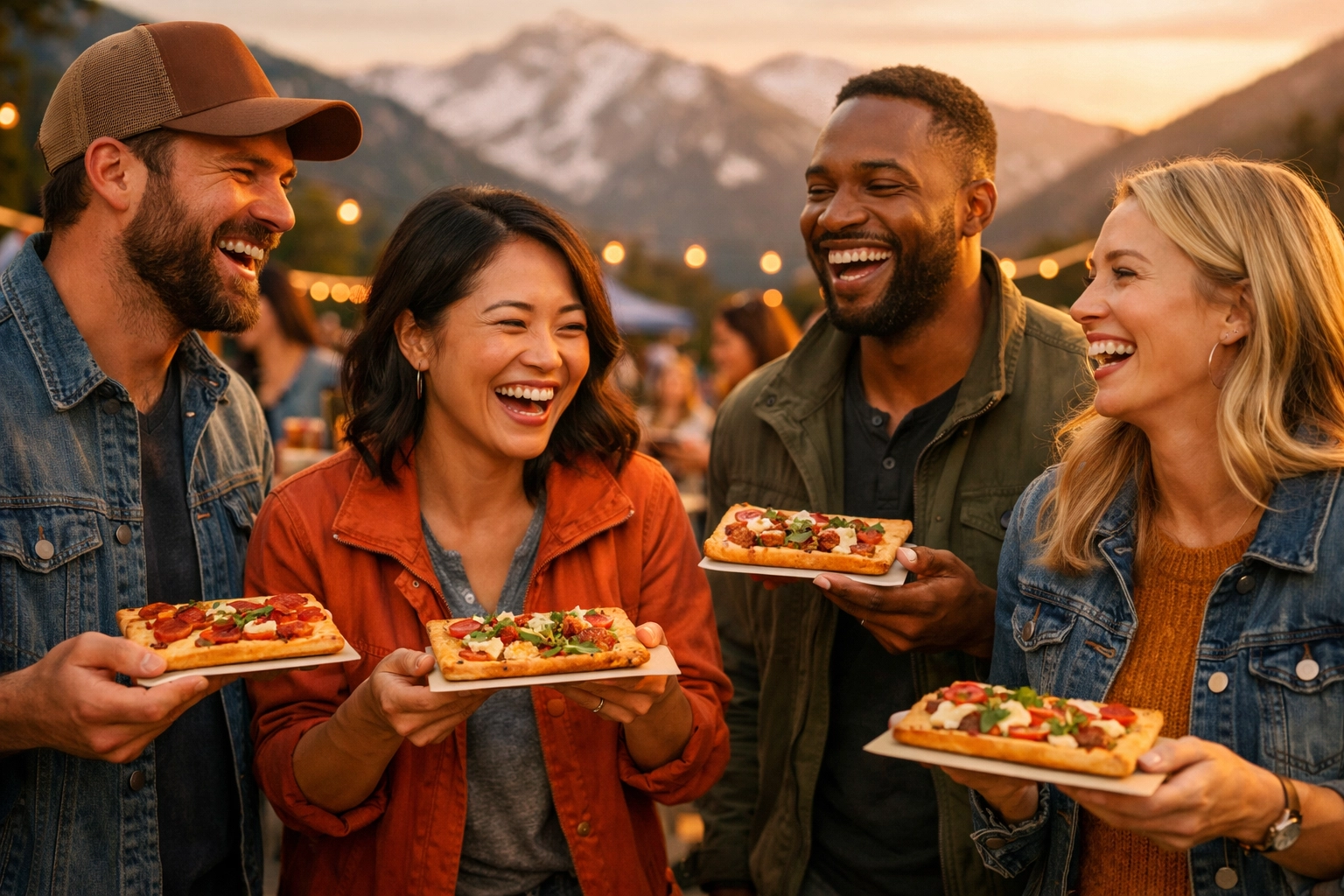 Guests enjoying rectangular flatbread slices at outdoor Utah mountain event catering